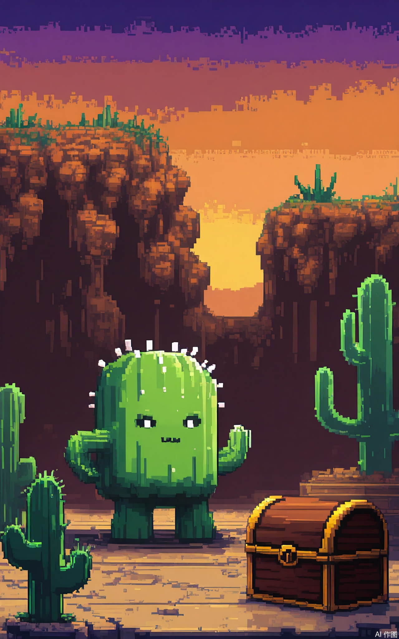 XSFG, A retro-inspired scene featuring a 16x16 pixel red-capped adventurer wielding a short sword, standing on tile-based brown terrain under a color band gradient sky transitioning from orange to purple. The environment includes 3-pixel-tall steps, a treasure chest with a glowing yellow lock, and a cactus composed of stacked green blocks.

