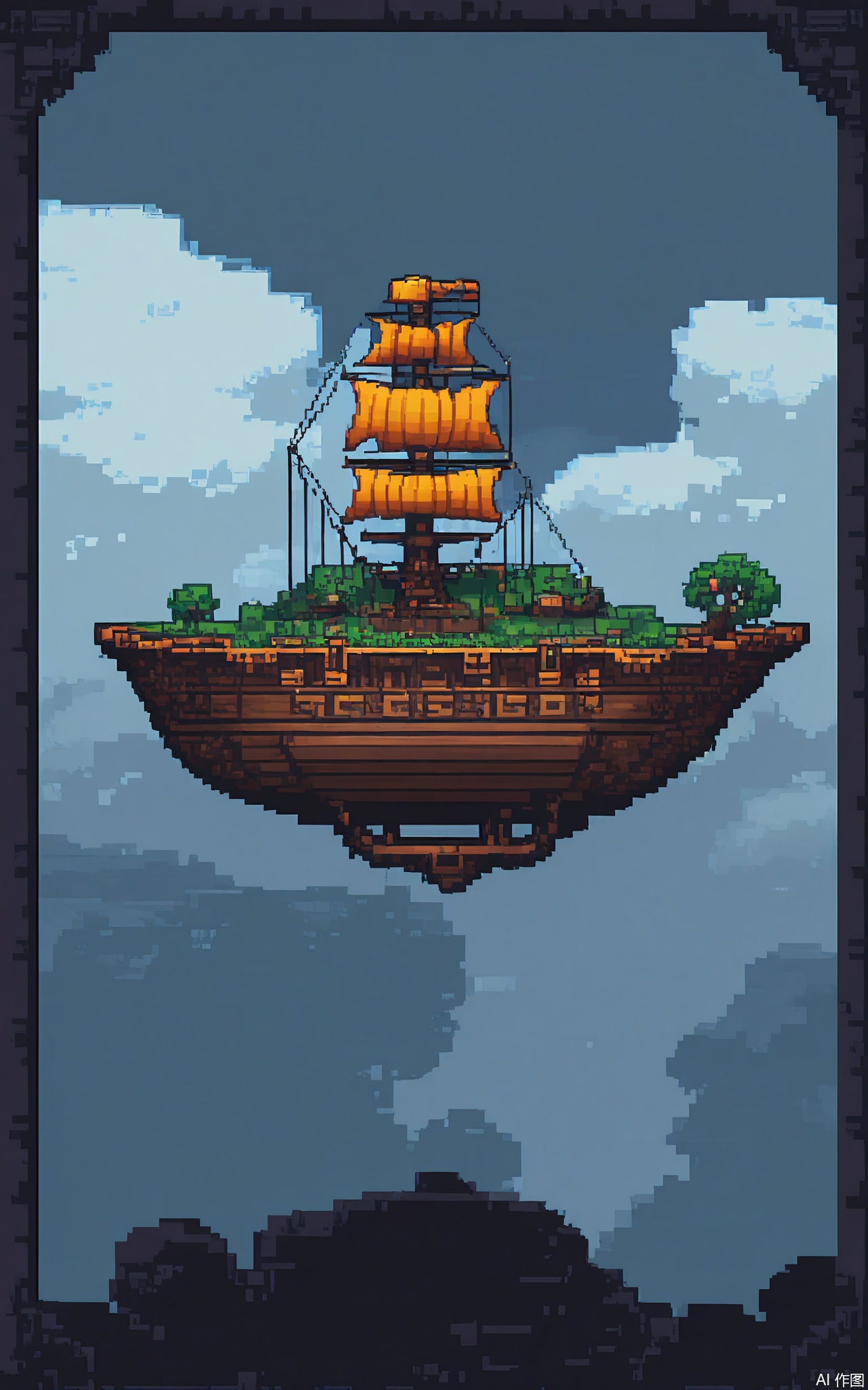 XSFG, A retro-futuristic airship with copper-and-brass pixel textures, floating above a cloudscape made of swirling white-and-gray blocks. The scene includes a goggled inventor character (mustache as a thick black pixel line) and a gear-shaped island with a winding staircase.

