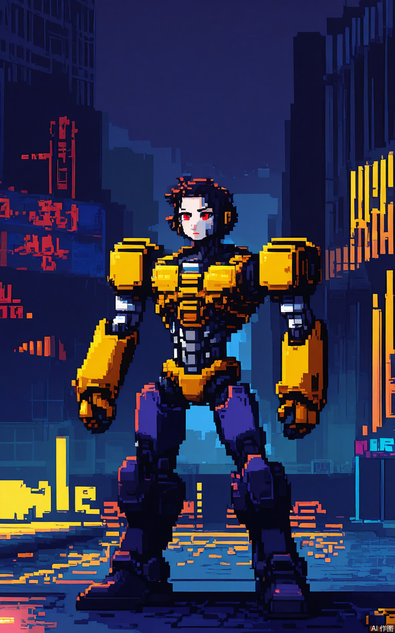 XSFG, A cyberpunk metropolis with skyscrapers made of neon-blue and pink pixel blocks. Flying cars (teal and yellow sprites) zoom between buildings, and a robot pedestrian (silver body with red eyes) walks on a tile-based sidewalk. The sky uses a gradient from dark purple to black.

