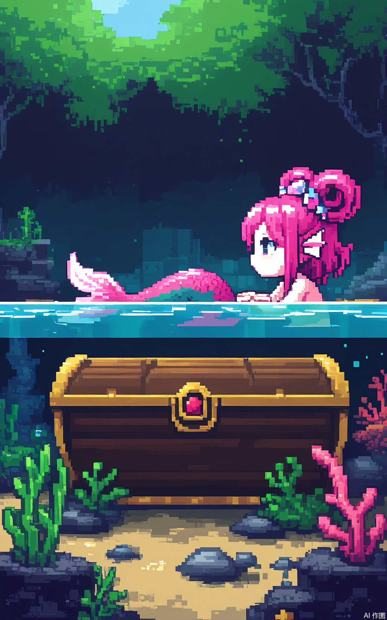 XSFG, A submerged temple scene with a mermaid character (teal scales and pink hair blocks) swimming past coral reefs (pink-and-purple pixel clusters). The water uses a gradient from deep blue to cyan, and a treasure chest (encrusted with green "algae" pixels) sits on the seafloor.

