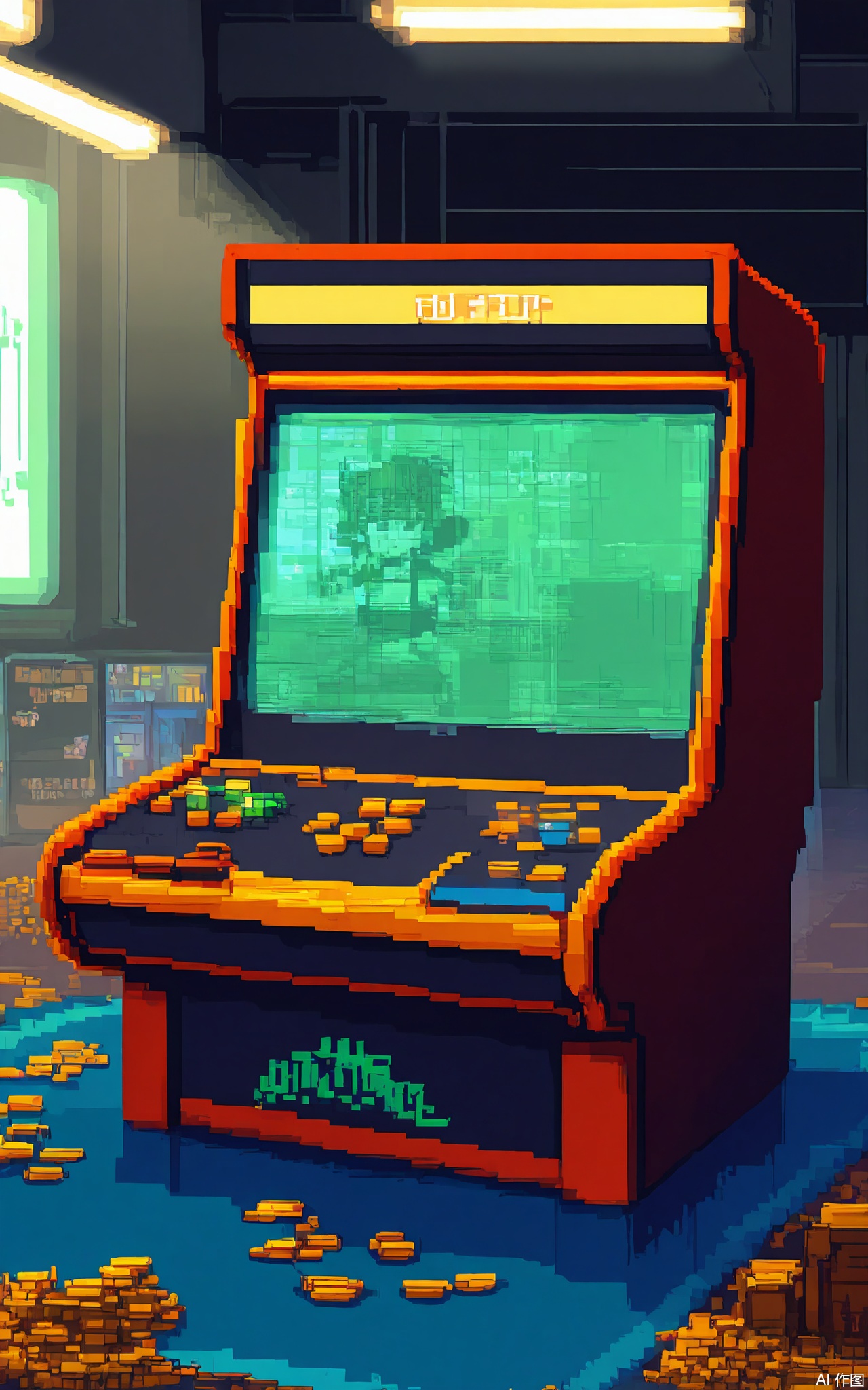 XSFG, A pixel-perfect arcade cabinet with a red-and-yellow joystick, placed on a checkerboard carpet under fluorescent lighting. Floating "+100" coins leave digital trails, and the screen displays a classic "COIN" text pop-up.

