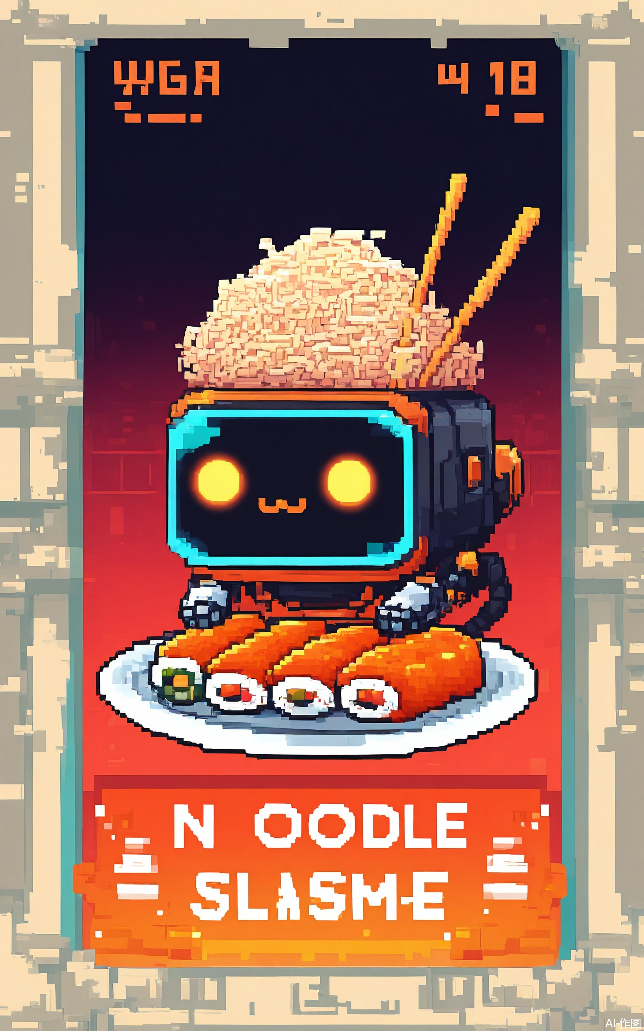 XSFG, A neon-drenched scene with a glowing pink-and-cyan robot holding a sushi platter. The background features glitching holographic signs ("NOODLE BAR") and floating pixelated sushi (orange-red salmon slices with gradient shading).

