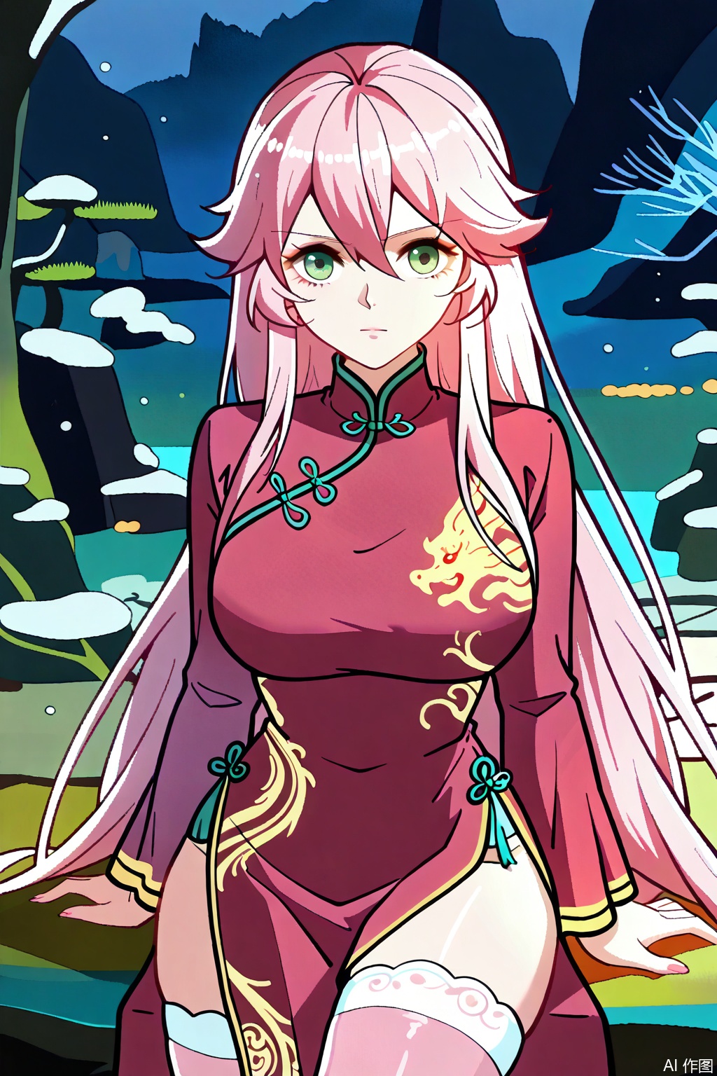 1girl, solo, long hair, breasts, looking at viewer, bangs, large breasts, thighhighs, long sleeves, dress, hair between eyes, very long hair, closed mouth, green eyes, pink hair, thighs, pink hair,Cheongsam,masterpiece,best quality,official art,extremely detailed CG unity 8k wallpaper,upper body,looking at viewer,Random scene,