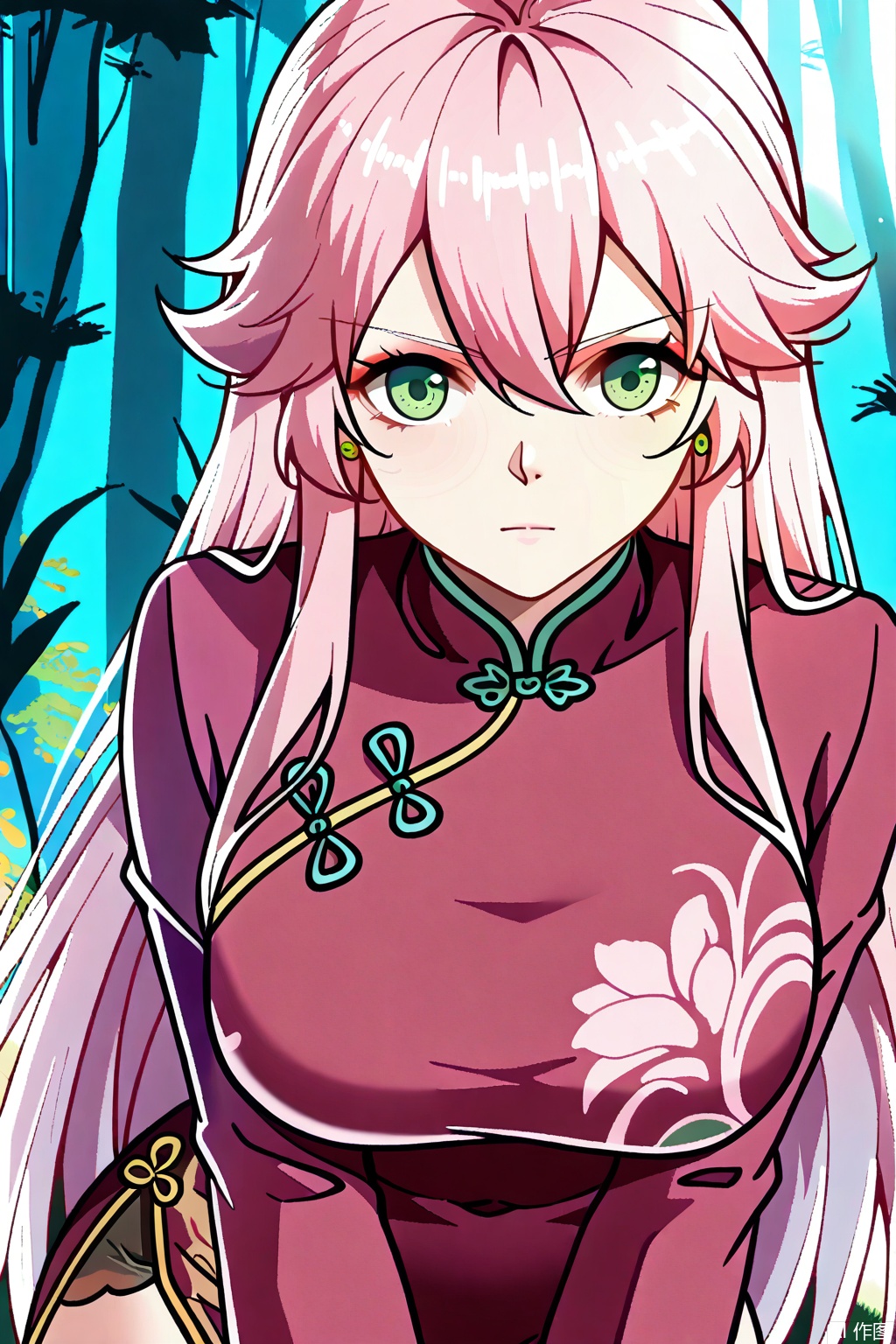 1girl, solo, long hair, breasts, looking at viewer, bangs, large breasts, thighhighs, long sleeves, dress, hair between eyes, very long hair, closed mouth, green eyes, pink hair, thighs, pink hair,Cheongsam,masterpiece,best quality,official art,extremely detailed CG unity 8k wallpaper,upper body,looking at viewer,Random scene,