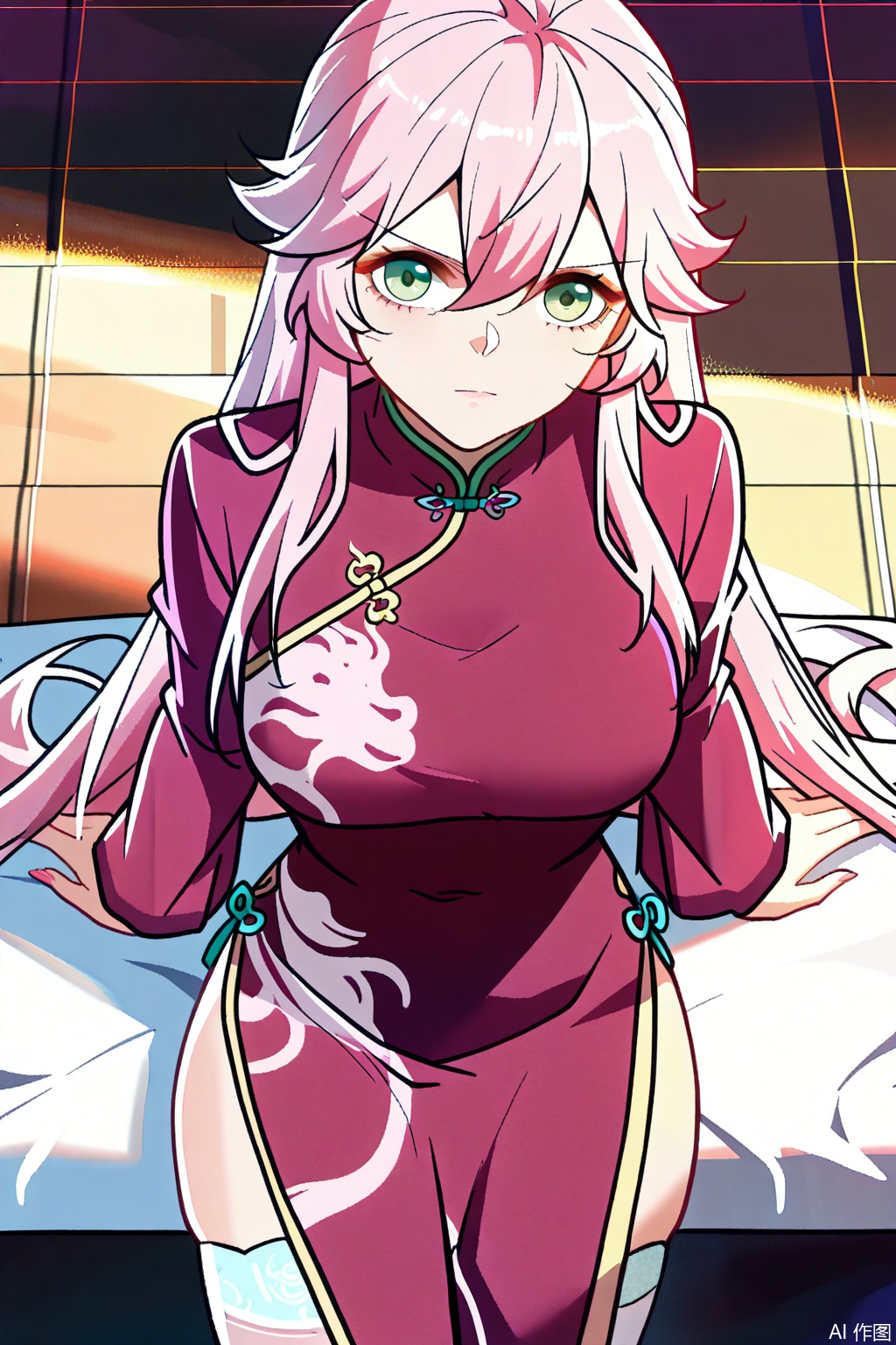 1girl, solo, long hair, breasts, looking at viewer, bangs, large breasts, thighhighs, long sleeves, dress, hair between eyes, very long hair, closed mouth, green eyes, pink hair, thighs, pink hair,Cheongsam,masterpiece,best quality,official art,extremely detailed CG unity 8k wallpaper,upper body,looking at viewer,Random scene,