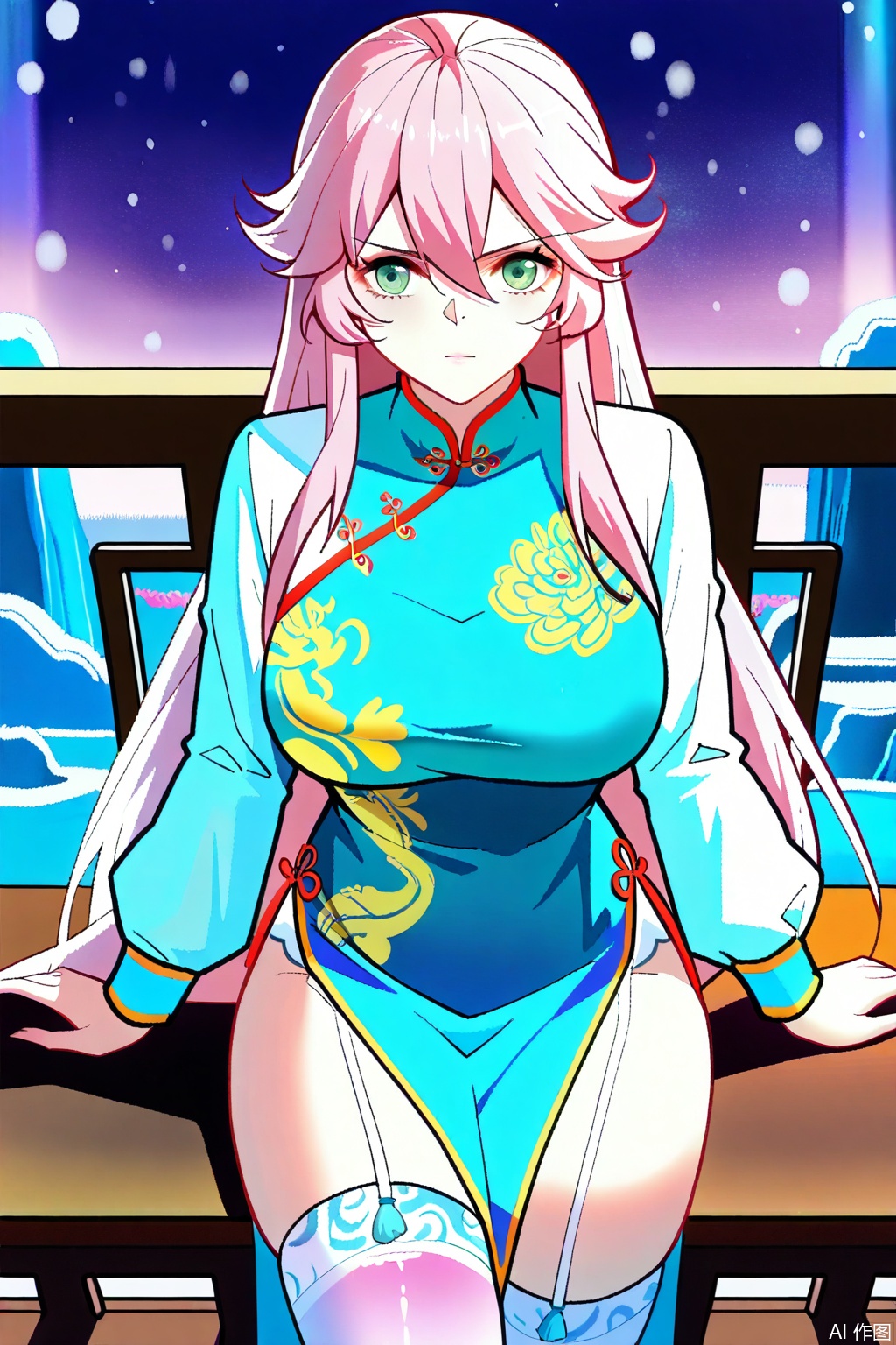 1girl, solo, long hair, breasts, looking at viewer, bangs, large breasts, thighhighs, long sleeves, dress, hair between eyes, very long hair, closed mouth, green eyes, pink hair, thighs, pink hair,Cheongsam,masterpiece,best quality,official art,extremely detailed CG unity 8k wallpaper,upper body,looking at viewer,Random scene,