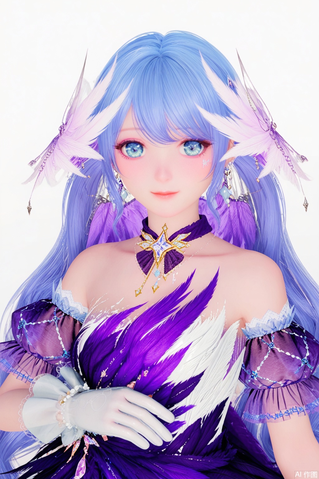 1girl, solo, long hair, looking at viewer, smile, blue eyes, hair ornament, gloves, white background, dress, bare shoulders, jewelry, very long hair, blue hair, earrings, detached sleeves, white gloves, feathers, purple dress