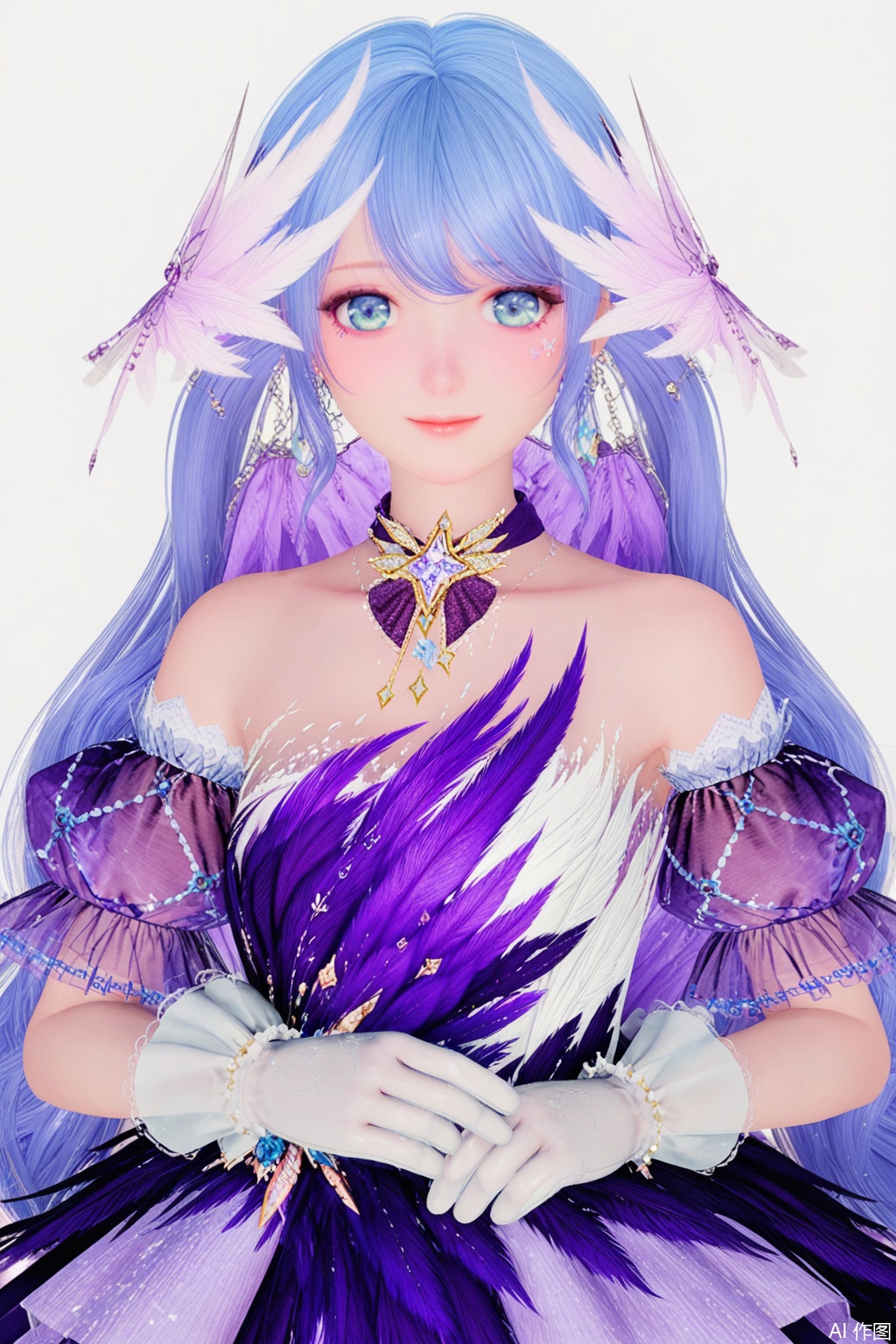 1girl, solo, long hair, looking at viewer, smile, blue eyes, hair ornament, gloves, white background, dress, bare shoulders, jewelry, very long hair, blue hair, earrings, detached sleeves, white gloves, feathers, purple dress