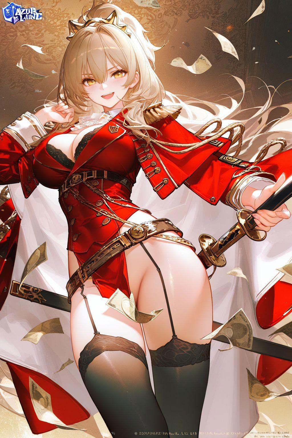 highres,sensitive,masterpiece,best quality,amazing quality,very aesthetic,absurdres,best quality,amazing quality,very aesthetic,absurdres,shiny skin,detail eyes,wallpaper,artist:ask_(askzy),artist:yolanda,[artist:WANKE],artist:ciloranko BREAK<lora:lion (azur lane):0.8>, -lion \(azur lane\), 1girl, breasts, solo, large breasts, long hair, thighhighs, sword, weapon, open mouth, looking at viewer, bangs, black thighhighs, blonde hair, smile, garter straps, bra, from below, thighs, blush, copyright name, underwear, long sleeves, epaulettes, belt, cleavage, hair between eyes, no panties, holding, convenient censoring, money, red jacket, fingernails
