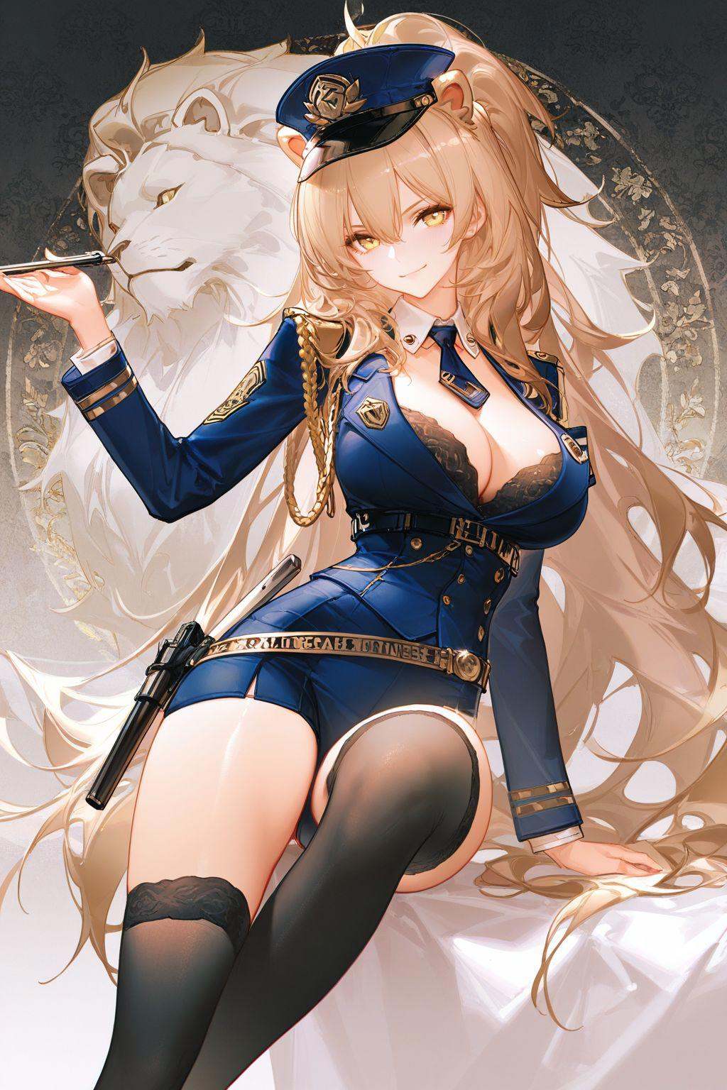 highres,sensitive,masterpiece,best quality,amazing quality,very aesthetic,absurdres,best quality,amazing quality,very aesthetic,absurdres,shiny skin,detail eyes,wallpaper,artist:ask_(askzy),artist:yolanda,[artist:WANKE],artist:ciloranko BREAK<lora:lion (azur lane):0.7>,-lion \(azur lane\),1girl,solo,large breasts,long hair,looking at viewer,black thighhighs,smile,ponytail,yellow eyes,lion ears,police uniform,police hat,show cleavage,