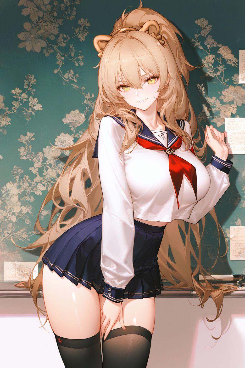 highres,sensitive,masterpiece,best quality,amazing quality,very aesthetic,absurdres,best quality,amazing quality,very aesthetic,absurdres,shiny skin,detail eyes,wallpaper,artist:ask_(askzy),artist:yolanda,[artist:WANKE],artist:ciloranko BREAK<lora:lion (azur lane):0.7>,-lion \(azur lane\),1girl,solo,large breasts,long hair,looking at viewer,black thighhighs,smile,ponytail,yellow eyes,lion ears,school uniform,sailor,
