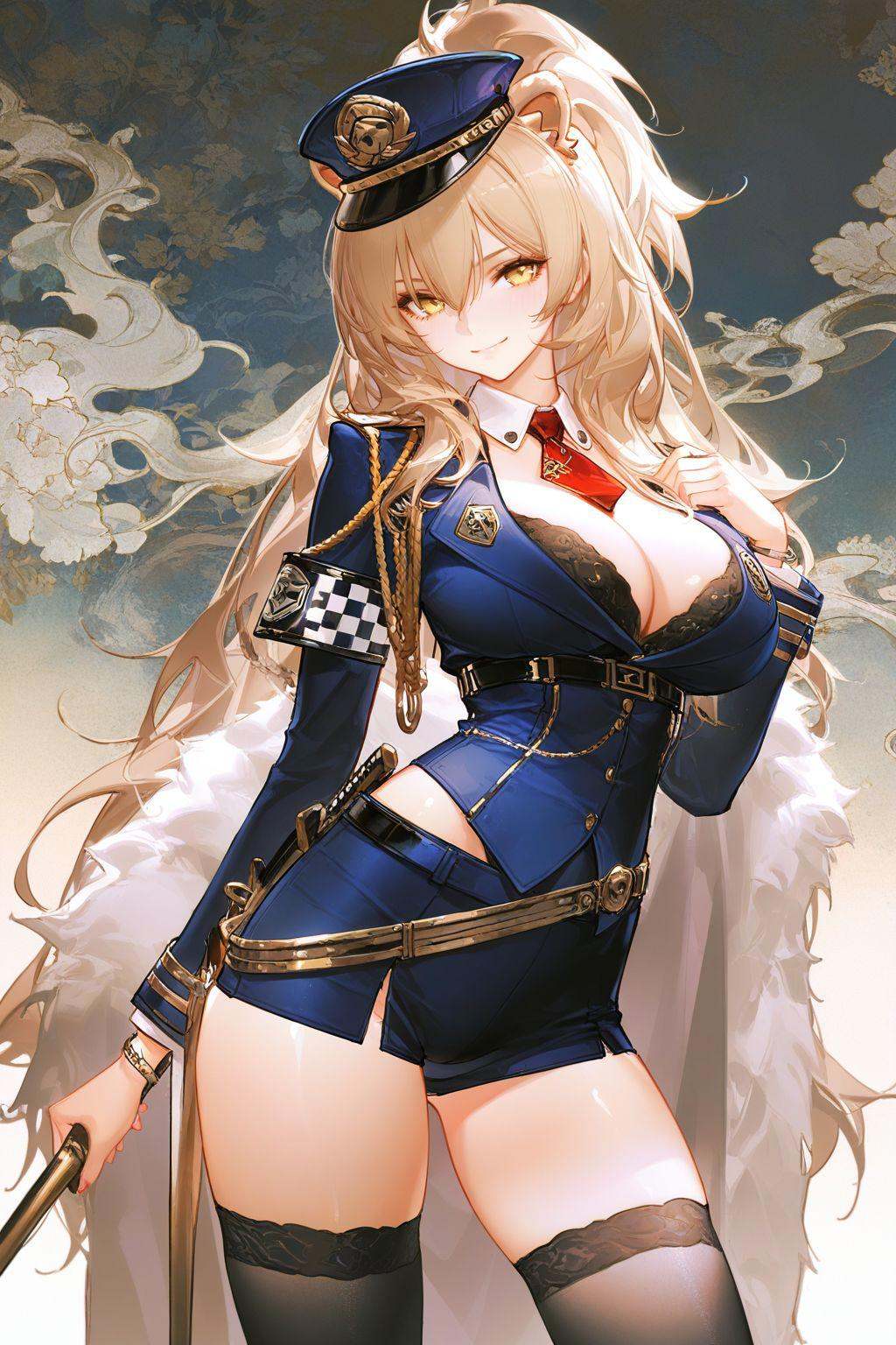 highres,sensitive,masterpiece,best quality,amazing quality,very aesthetic,absurdres,best quality,amazing quality,very aesthetic,absurdres,shiny skin,detail eyes,wallpaper,artist:ask_(askzy),artist:yolanda,[artist:WANKE],artist:ciloranko BREAK<lora:lion (azur lane):0.7>,-lion \(azur lane\),1girl,solo,large breasts,long hair,looking at viewer,black thighhighs,smile,ponytail,yellow eyes,lion ears,police uniform, police hat, show cleavage