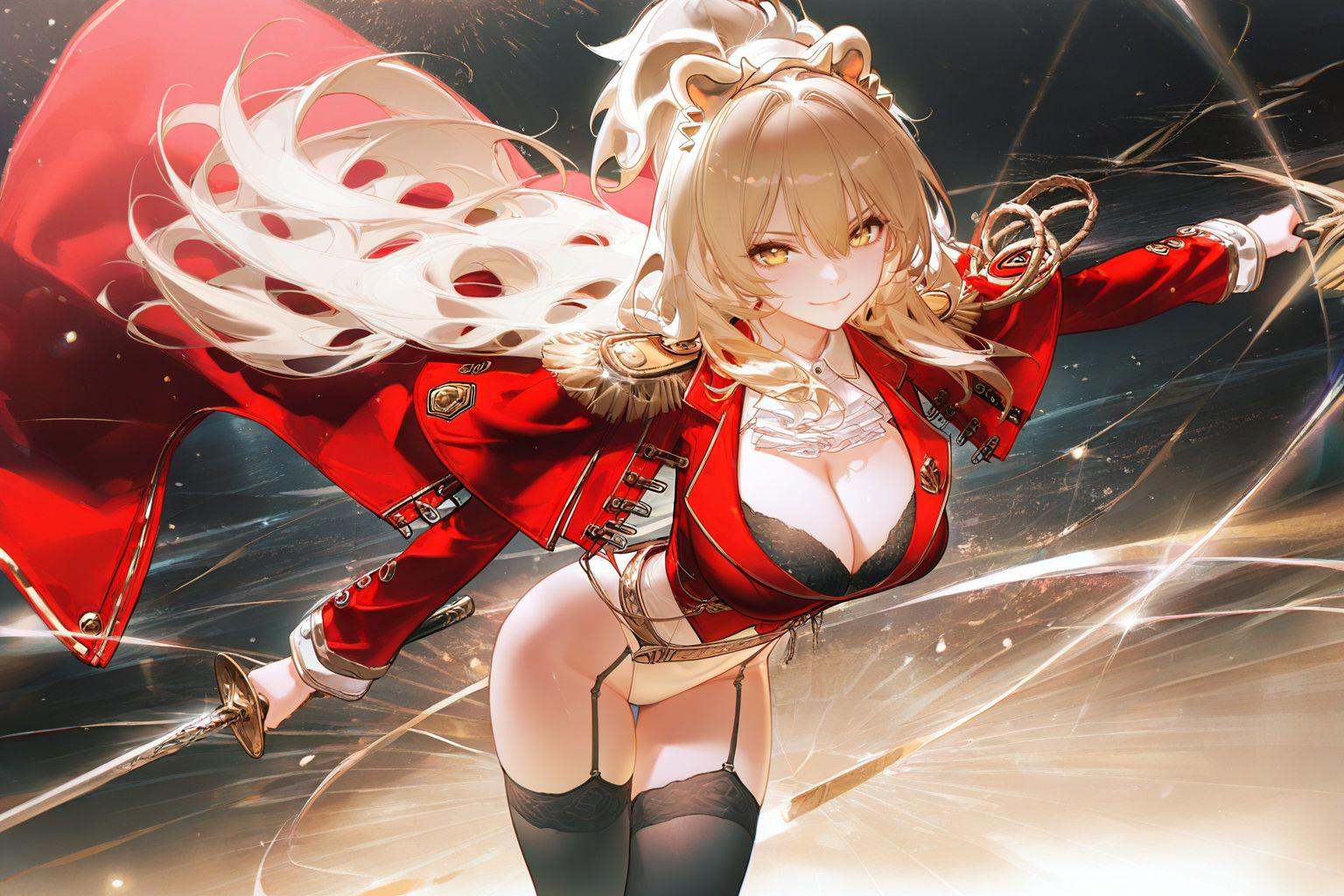 highres,sensitive,masterpiece,best quality,amazing quality,very aesthetic,absurdres,best quality,amazing quality,very aesthetic,absurdres,shiny skin,detail eyes,wallpaper,artist:ask_(askzy),artist:yolanda,[artist:WANKE],artist:ciloranko BREAK<lora:lion (azur lane):0.8>, -lion \(azur lane\), 1girl, breasts, solo, epaulettes, large breasts, cleavage, long hair, looking at viewer, thighhighs, animal ears, smile, blonde hair, red jacket, garter straps, black thighhighs, leotard, yellow eyes, holding, bangs, ponytail, jacket, thighs, bra, lion ears, underwear, long sleeves