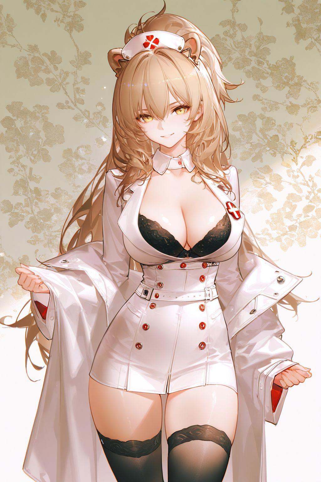 highres,sensitive,masterpiece,best quality,amazing quality,very aesthetic,absurdres,best quality,amazing quality,very aesthetic,absurdres,shiny skin,detail eyes,wallpaper,artist:ask_(askzy),artist:yolanda,[artist:WANKE],artist:ciloranko BREAK<lora:lion (azur lane):0.7>,-lion \(azur lane\),1girl,solo,large breasts,long hair,looking at viewer,black thighhighs,smile,ponytail,yellow eyes,lion ears,nurse suit
