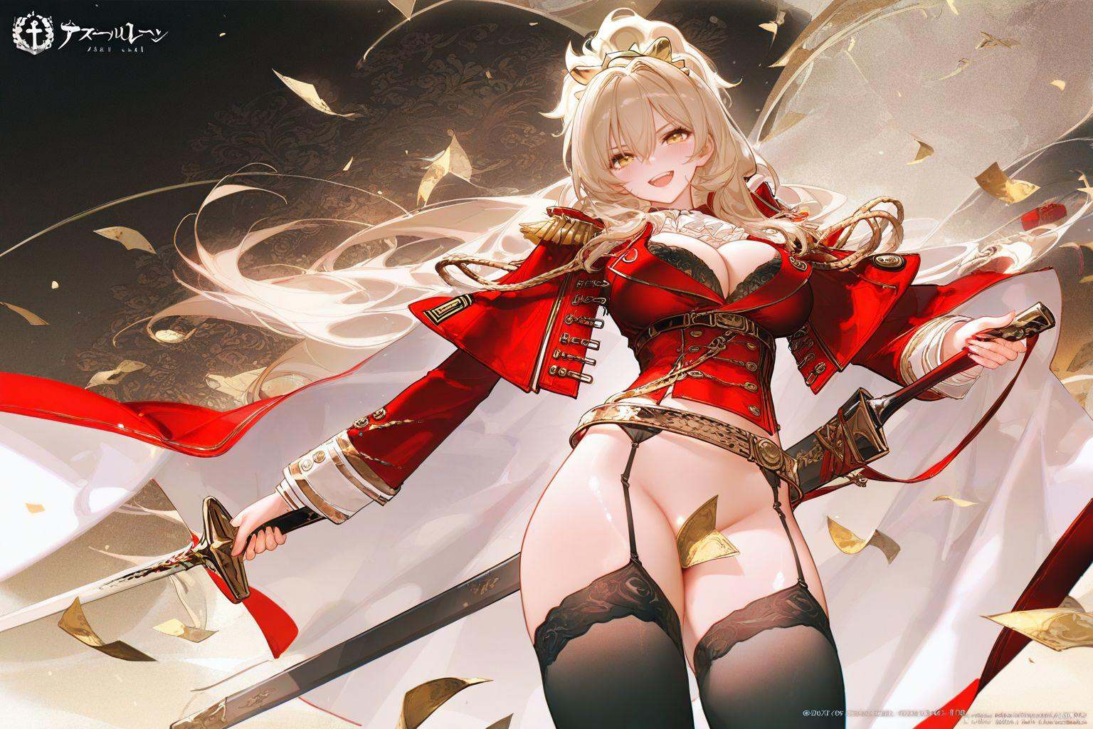 highres,sensitive,masterpiece,best quality,amazing quality,very aesthetic,absurdres,best quality,amazing quality,very aesthetic,absurdres,shiny skin,detail eyes,wallpaper,artist:ask_(askzy),artist:yolanda,[artist:WANKE],artist:ciloranko BREAK<lora:lion (azur lane):0.8>, -lion \(azur lane\), 1girl, breasts, solo, large breasts, long hair, thighhighs, sword, weapon, open mouth, looking at viewer, bangs, black thighhighs, blonde hair, smile, garter straps, bra, from below, thighs, blush, copyright name, underwear, long sleeves, epaulettes, belt, cleavage, hair between eyes, no panties, holding, convenient censoring, money, red jacket, fingernails