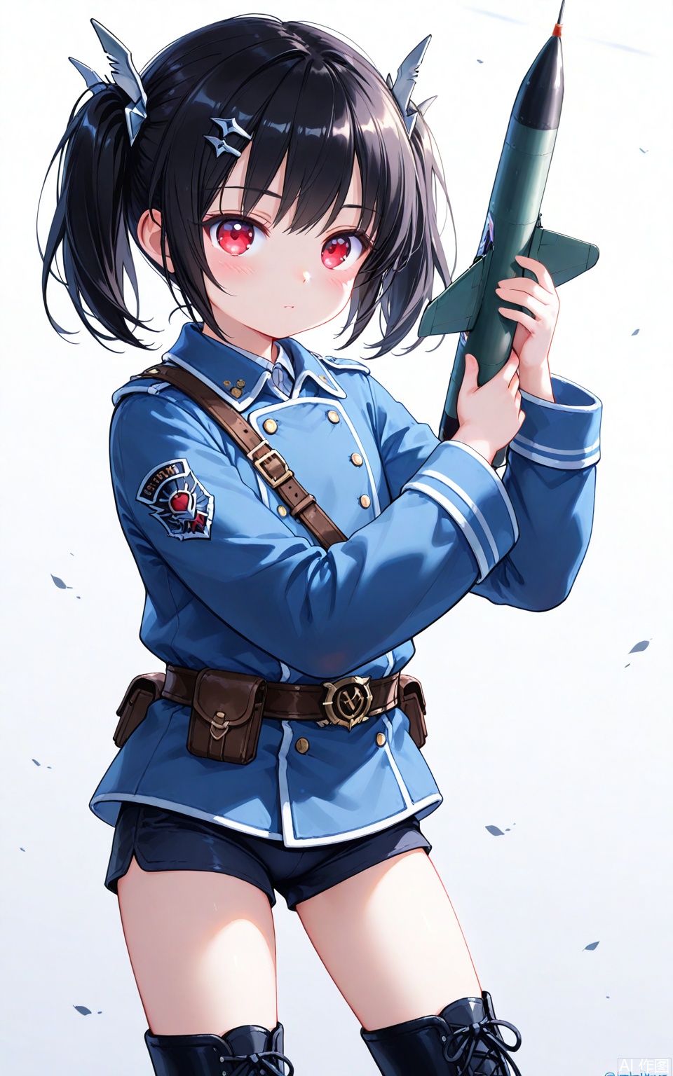 aged down,loli,loli,loli,female child,little girl,1girl,solo,simple_background,white background,hair ornament,Aircraft wing hair ornament,black hair,red eyes,short hair,stare blankly,holding,holding missile,Flight jacket,Shorts, military uniform,thigh-high boot,warcraft wings ears,modern times,Modern fighter