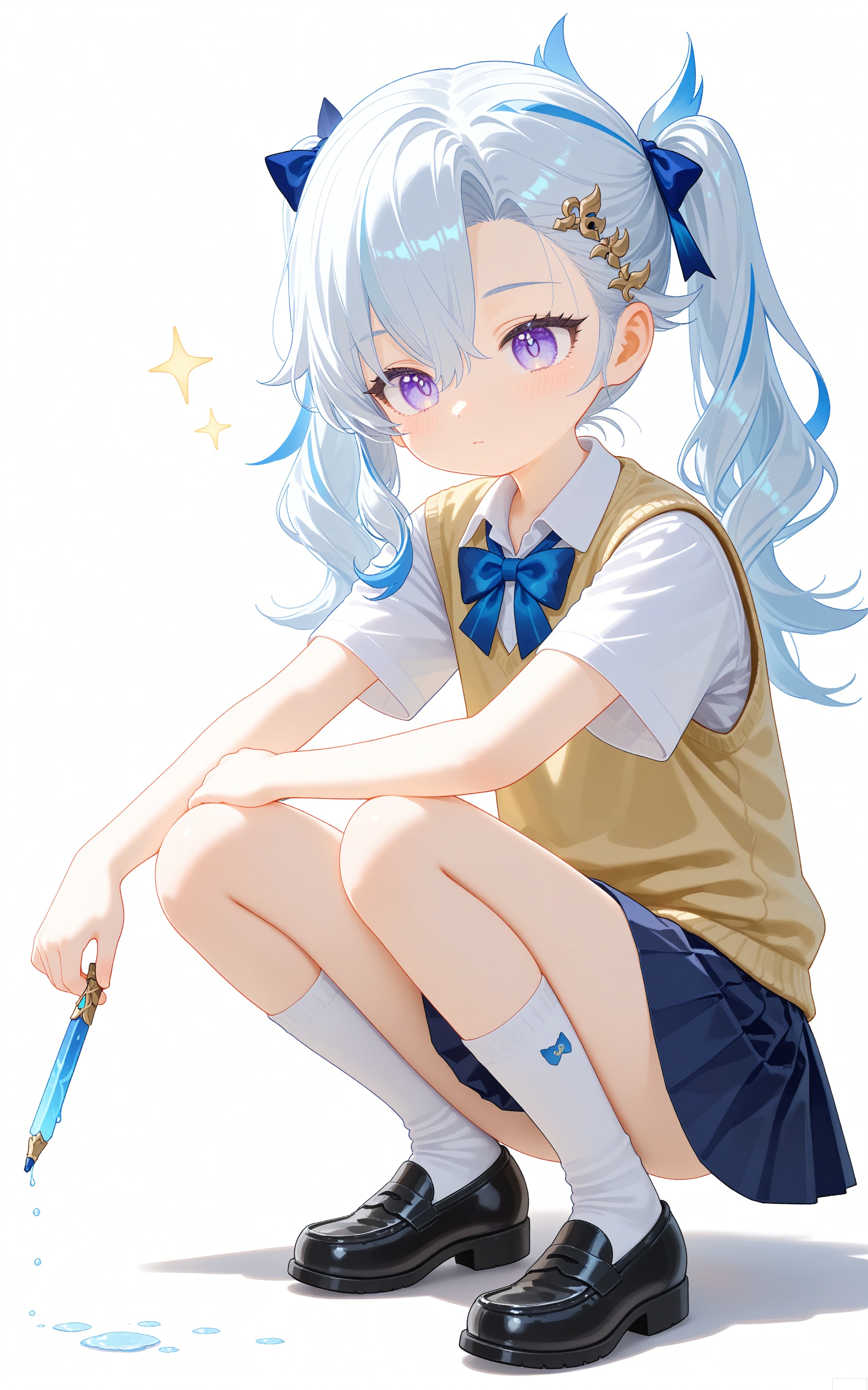 aged down,loli,loli,loli,female child,little girl,1girl,solo,simple background,
neuvillette /(genshin impact/),neuvillette (genshin impact),
skirt, shirt, white background, twintails, school uniform, full body, short sleeves, pleated skirt, shoes, socks, collared shirt, kneehighs, sparkle, footwear, socks, loafers, sweater vest, one knee,neuvillette_(genshin_impact)