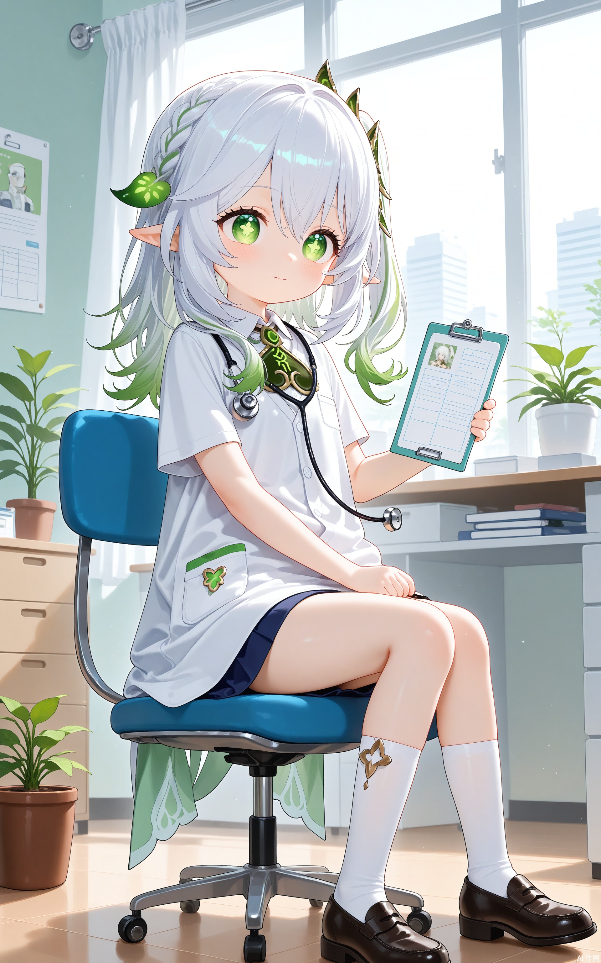 aged down,loli,loli,loli,female child,little girl,1girl,solo, Doctor, Consulting room, elf girls,pointy_ears, small breast,green eyes, symbol-shaped pupils, cross-shaped pupils, white hair, green hair, bangs, hair ornament, gradient hair, side tonytail,braid,indoors,Office, desk, chair,White theme,Shirt, white coat,short sleeves,pants,Leather shoes,Stethoscope,holding,Folder,sitting,window,Potted plants, curtains,thighhgihs,white_kneehighs,
nahida /(genshin impact/),wxzf,cxbxs,nahida (genshin impact),cxqsss