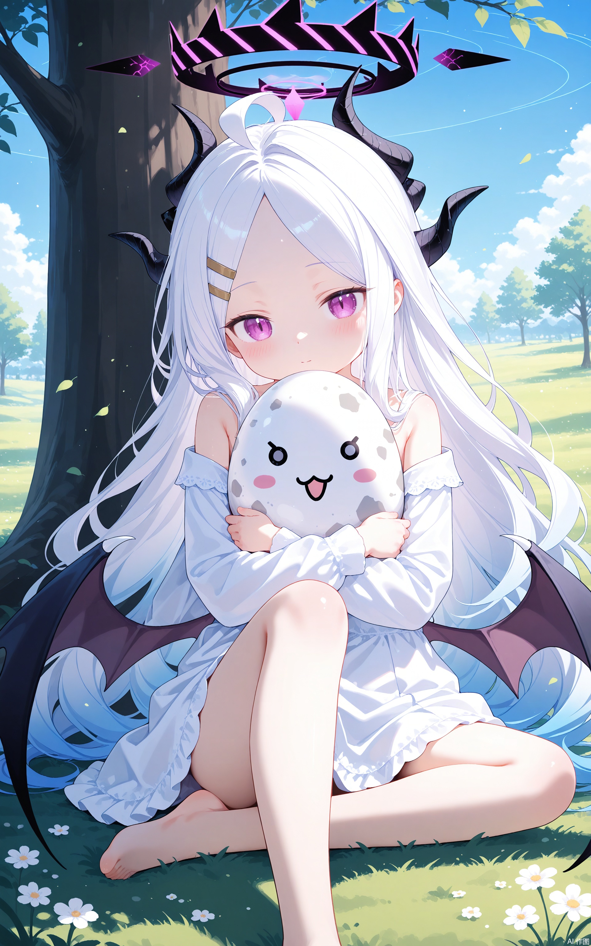 aged down,loli,loli,loli,female child,little girl,1girl,solo,hair ornament,white hair,Gradient hair,purple eyes,ahoge,horns,halo,demon horns,
outdoors,big Wings,hugging,hugging egg,big egg,sitting,sitting under tree,grass,sitting on grass,long sleeves,dress,off shoulders,white.dress,barefoot,wxzf,cxbxs,hina (blue archive)
