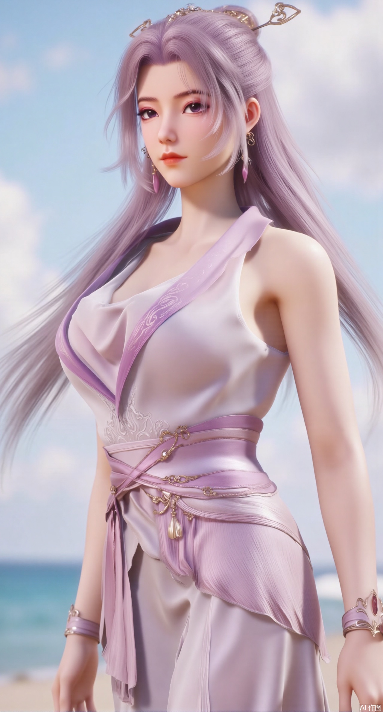  (masterpiece:1.2),best quality,3D animation,CG,absurdres,masterpiece,original,extremely detailed wallpaper,perfect lighting,(extremely detailed CG:1.2),1girl,solo,standing,(huge breasts:2.69),(full breasts:2.59),,looking at viewer,(cowboy_shot:1.1),long hair,high heels,blurry background,depth of field,motion blur,long dress,china_dress,chinese_style,bare shouders,crystal_earrings,headpiece,hair_tie,chest_jewel,gem,necklace,jewelry,in summer,day,outdoors,nature,sea,(rose,beach:1.49),(huge breasts:2.99),(full breasts:2.99),(very long legs,Diamond-studded high heels:1.5),XliumeiYK,XlishaoyingXK,XyunxiaoYK