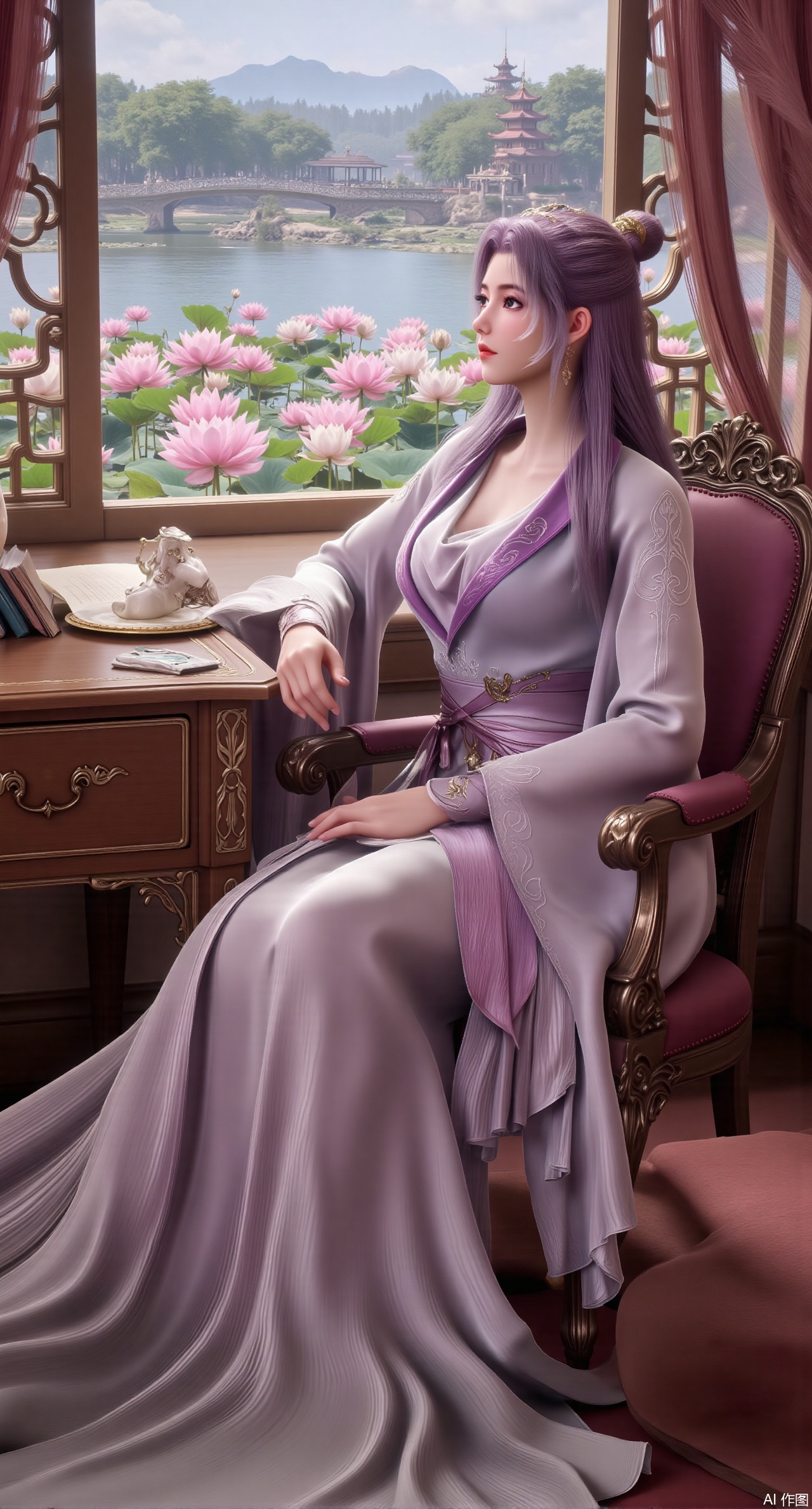  (masterpiece, best quality:1.2),1girl, solo, long dress,Ancient princess's boudoir with bright color palette,,(huge breasts:2.59),(full breasts:2.59), Hanfu-clad maiden sitting by latticed window desk in romantic daydreaming posture, classical Chinese garden through window showcasing lotus pond filled with blooming pink and white lotuses, delicate ink-wash painting style, interior featuring rosewood furniture with mother-of-pearl inlay, silk curtains fluttering in breeze, porcelain stationery set on desk, distant view of curved bridges and pavilions in garden, ultra HD rendering with crisp details on embroidered garments and translucent lotus petals,,(huge breasts:2.99),(full breasts:2.99),,XliumeiYK,XlishaoyingXK,XyunxiaoYK