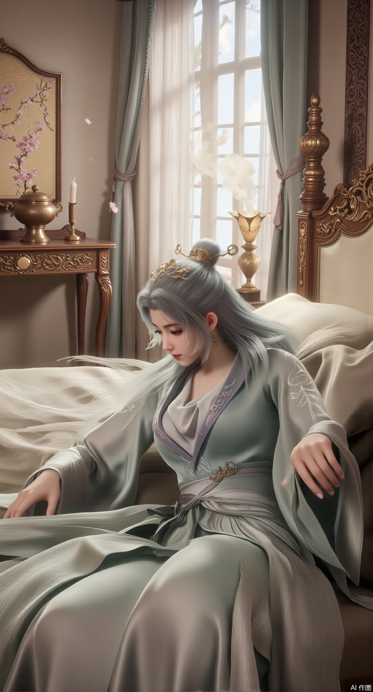  (masterpiece, best quality:1.2),Ancient Chinese boudoir scene, Hanfu dress ,sitting sideways on an intricately carved wooden bed, soft natural light filtering through sheer silk curtains, satin bedding with delicate sheen, detailed traditional Chinese Gongbi painting style, subtle celadon color palette, background featuring vintage dressing table and embroidered screen, falling plum blossom petals near window and wispy smoke from bronze incense burner, 8K resolution with intricate fabric draping and wood grain textures,,(huge breasts:2.99),(full breasts:2.99),XliumeiYK,XlishaoyingXK,XyunxiaoYK