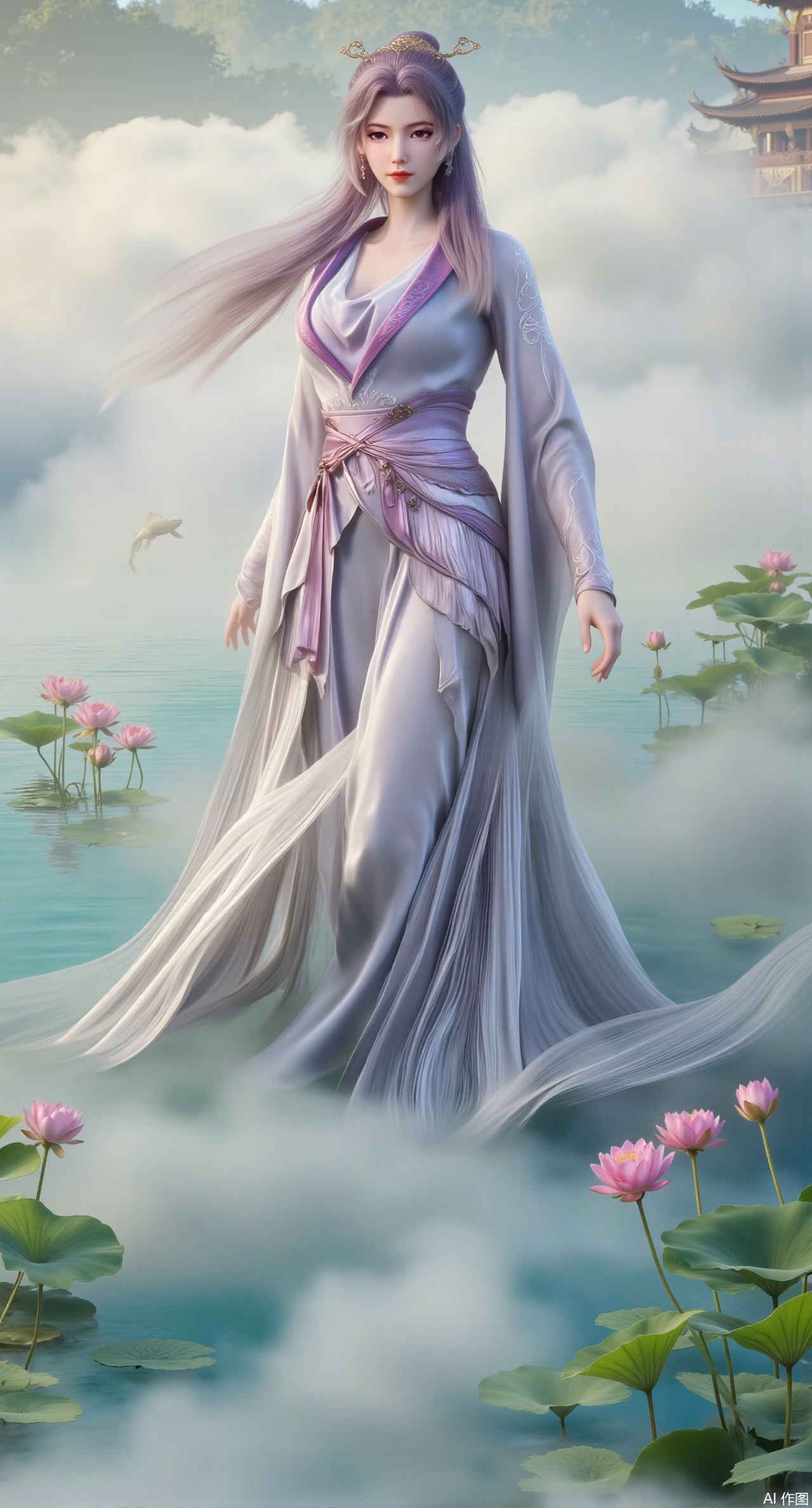 (masterpiece, best quality:1.2),A celestial maiden in Hanfu stands on a cloud, ethereal silk robes fluttering in the wind, swirling sea of clouds beneath her feet, (background reveals the emerald lotus pond of Penglai Wonderland with blooming pink-white lotuses:1.29), golden koi fish swimming in translucent water, soft morning light piercing through mist, ultra HD rendering showcases intricate embroidery on Hanfu, 8K detail captures dewdrops on lotus petals, dynamic lighting effects emphasize swirling mist movement, panoramic composition creates ethereal celestial atmosphere,(huge breasts:2.99),(full breasts:2.99),(Background with traditional Chinese architecture,Pond, water lilies:1.39),,,XliumeiYK,XlishaoyingXK,XyunxiaoYK