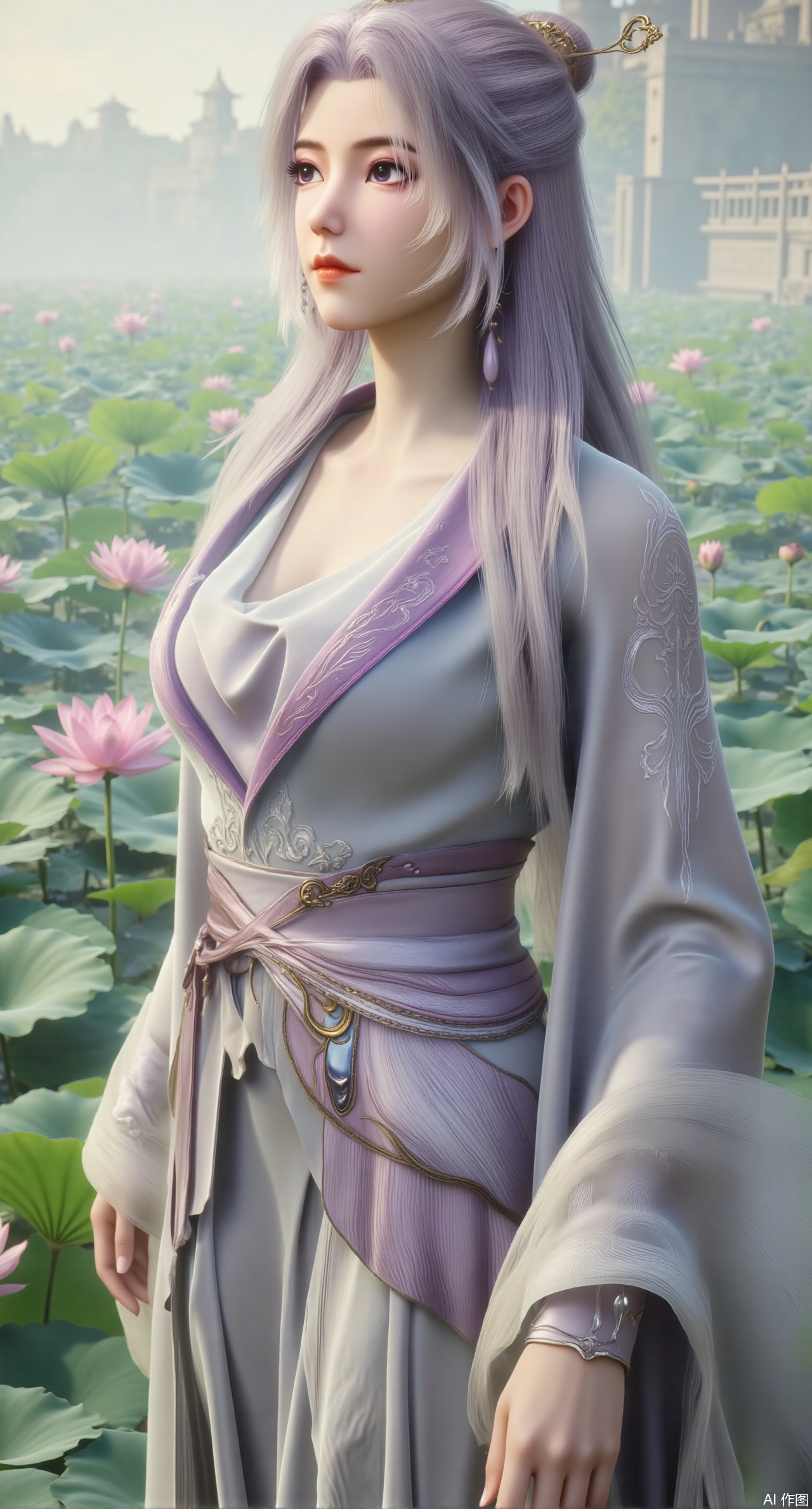 (masterpiece, best quality:1.2),A celestial maiden in Hanfu stands on a cloud, ethereal silk robes fluttering in the wind, swirling sea of clouds beneath her feet, (background reveals the emerald lotus pond of Penglai Wonderland with blooming pink-white lotuses:1.29), golden koi fish swimming in translucent water, soft morning light piercing through mist, ultra HD rendering showcases intricate embroidery on Hanfu, 8K detail captures dewdrops on lotus petals, dynamic lighting effects emphasize swirling mist movement, panoramic composition creates ethereal celestial atmosphere,(huge breasts:2.99),(full breasts:2.99),(Background with traditional Chinese architecture,Pond, water lilies:1.39),,,XliumeiYK,XlishaoyingXK,XyunxiaoYK