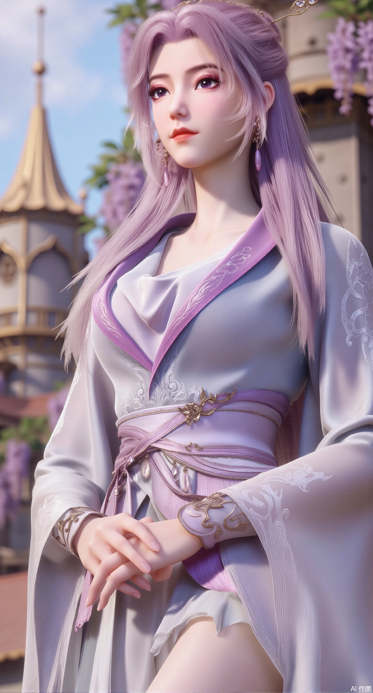  (masterpiece:1.2),best quality,hanfu,(Traditional Asian-inspired attire with a vibrant floral accessory and intricate hair ornament), realistic,hanfu photography, hanfu,1girl,fair_skin,glamor,very long hair,absurdres,incredibly absurdres,wallpaper,artbook,chinese_style_loft,turret,tower,handrail,plant,wisteria,spider_lily,face_focus,dynamic_angle,depth of field,looking_at_viewer,(huge breasts:2.99),(full breasts:2.99),(very long legs,Diamond-studded high heels:1.5),XliumeiYK,XlishaoyingXK,XyunxiaoYK