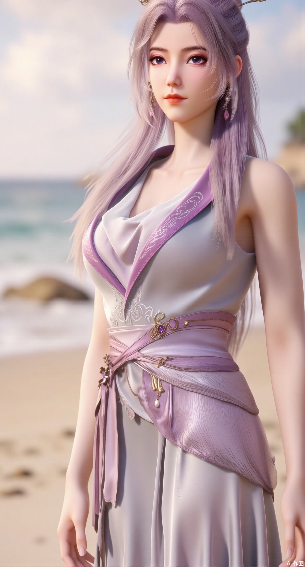 (masterpiece:1.2),best quality,3D animation,CG,absurdres,masterpiece,original,extremely detailed wallpaper,perfect lighting,(extremely detailed CG:1.2),1girl,solo,standing,(huge breasts:2.69),(full breasts:2.59),,looking at viewer,(cowboy_shot:1.1),long hair,high heels,blurry background,depth of field,motion blur,long dress,china_dress,chinese_style,bare shouders,crystal_earrings,headpiece,hair_tie,chest_jewel,gem,necklace,jewelry,in summer,day,outdoors,nature,sea,(rose,beach:1.49),(huge breasts:2.99),(full breasts:2.99),(very long legs,Diamond-studded high heels:1.5),XliumeiYK,XlishaoyingXK,XyunxiaoYK