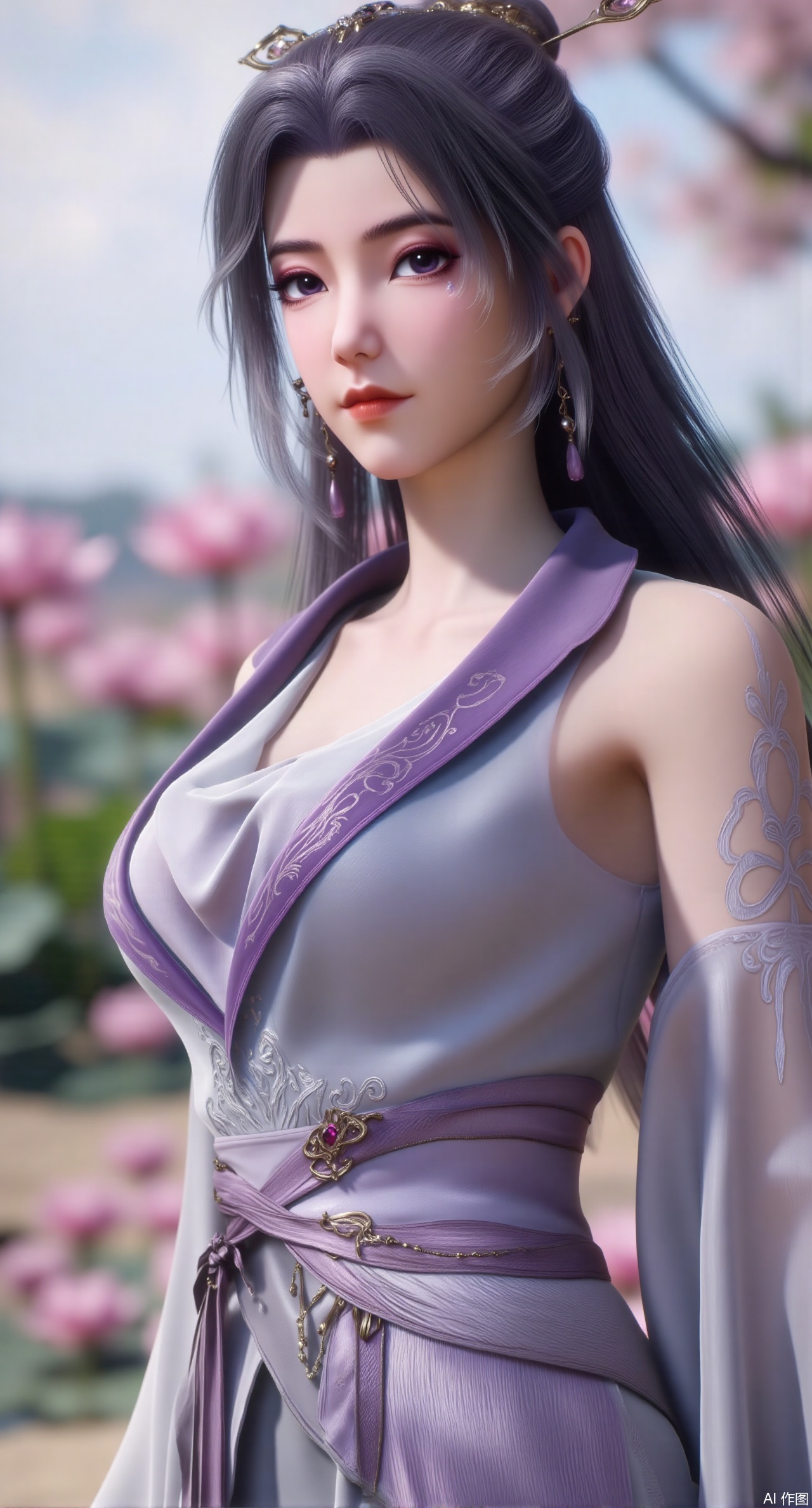 (masterpiece:1.2),best quality,absurdres,masterpiece,original,extremely detailed wallpaper,perfect lighting,(extremely detailed CG:1.2),1girl,solo,standing,looking at viewer,(cowboy_shot:1.3),black hair,long hair,high heels,blurry background,depth of field,motion blur,short dress,china_dress,chinese_style,bare shouders,crystal_earrings,headpiece,hair_tie,chest_jewel,gem,necklace,jewelry,in summer,day,outdoors,nature,sea,(beach:1.4),(huge breasts:2.99),(full breasts:2.99),(lotus pond and pink lotus flowers:1.59),,(very long legs,Diamond-studded high heels:1.5),,,XliumeiYK,XlishaoyingXK