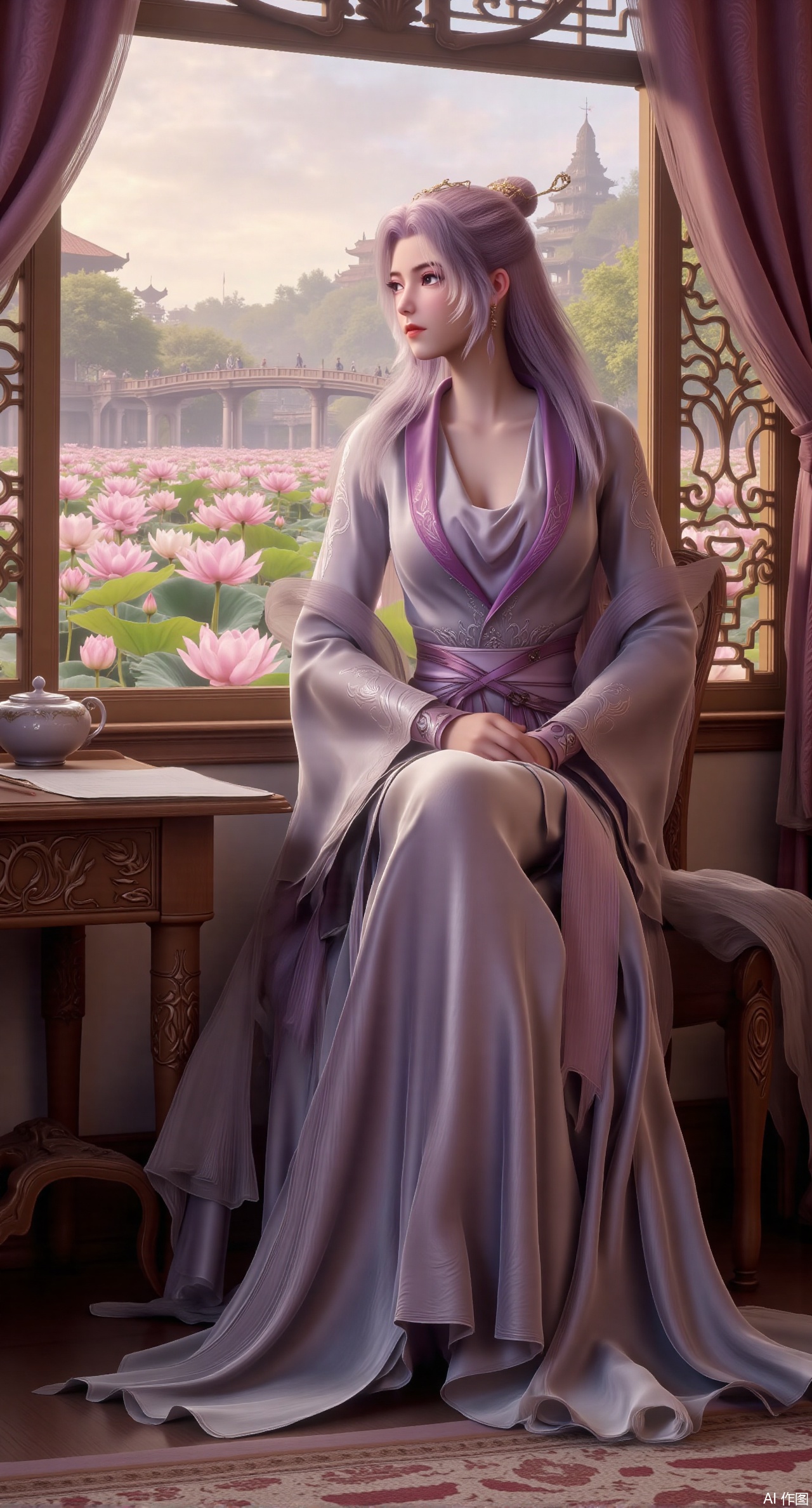  (masterpiece, best quality:1.2),1girl, solo, long dress,Ancient princess's boudoir with bright color palette,,(huge breasts:2.59),(full breasts:2.59), Hanfu-clad maiden sitting by latticed window desk in romantic daydreaming posture, classical Chinese garden through window showcasing lotus pond filled with blooming pink and white lotuses, delicate ink-wash painting style, interior featuring rosewood furniture with mother-of-pearl inlay, silk curtains fluttering in breeze, porcelain stationery set on desk, distant view of curved bridges and pavilions in garden, ultra HD rendering with crisp details on embroidered garments and translucent lotus petals,,(huge breasts:2.99),(full breasts:2.99),,XliumeiYK,XlishaoyingXK,XyunxiaoYK