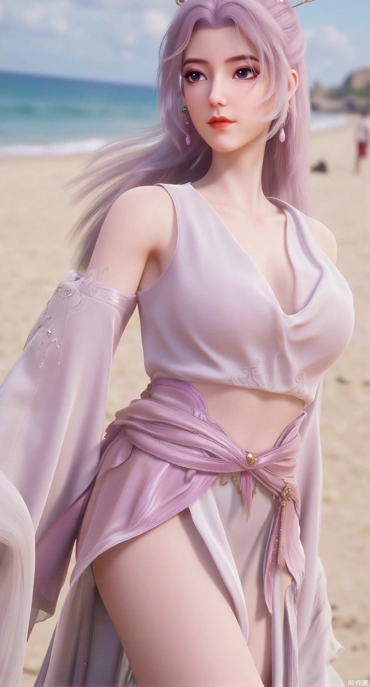 (masterpiece:1.2),best quality,3D animation,CG,absurdres,masterpiece,original,extremely detailed wallpaper,perfect lighting,(extremely detailed CG:1.2),1girl,solo,standing,(huge breasts:2.69),(full breasts:2.59),,looking at viewer,(cowboy_shot:1.1),long hair,high heels,blurry background,depth of field,motion blur,long dress,china_dress,chinese_style,bare shouders,crystal_earrings,headpiece,hair_tie,chest_jewel,gem,necklace,jewelry,in summer,day,outdoors,nature,sea,(rose,beach:1.49),(huge breasts:2.99),(full breasts:2.99),(very long legs,Diamond-studded high heels:1.5),XliumeiYK,XlishaoyingXK,XyunxiaoYK