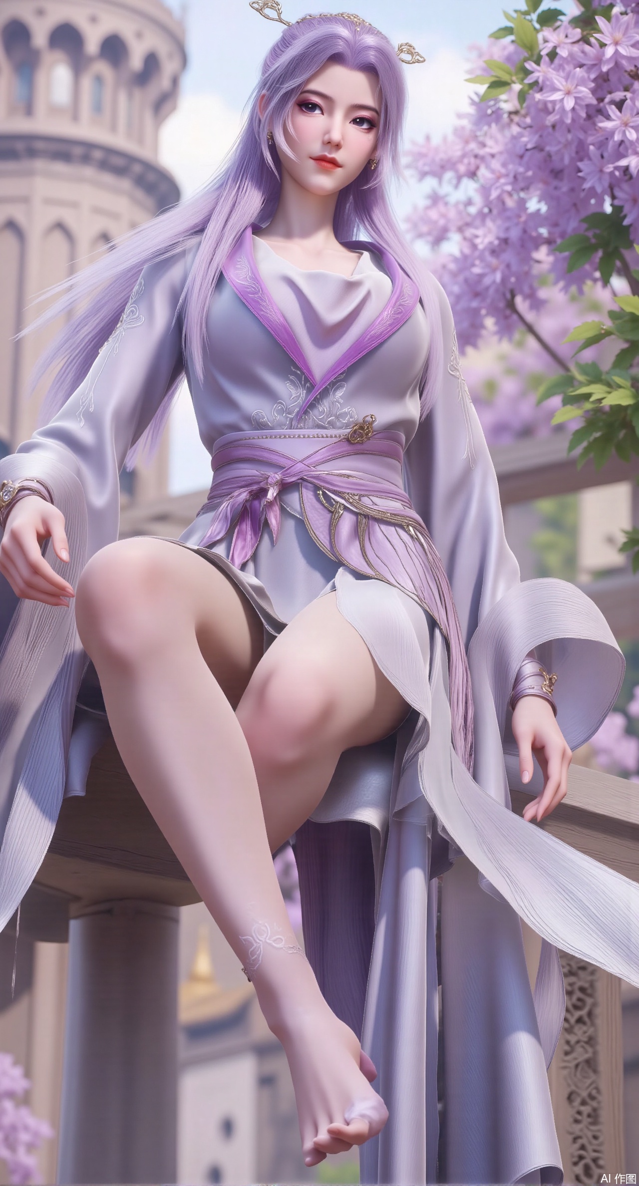  (masterpiece:1.2),best quality,hanfu,(Traditional Asian-inspired attire with a vibrant floral accessory and intricate hair ornament), realistic,hanfu photography, hanfu,1girl,fair_skin,glamor,very long hair,absurdres,incredibly absurdres,wallpaper,artbook,chinese_style_loft,turret,tower,handrail,plant,wisteria,spider_lily,face_focus,dynamic_angle,depth of field,looking_at_viewer,(huge breasts:2.99),(full breasts:2.99),(very long legs,Diamond-studded high heels:1.5),XliumeiYK,XlishaoyingXK,XyunxiaoYK