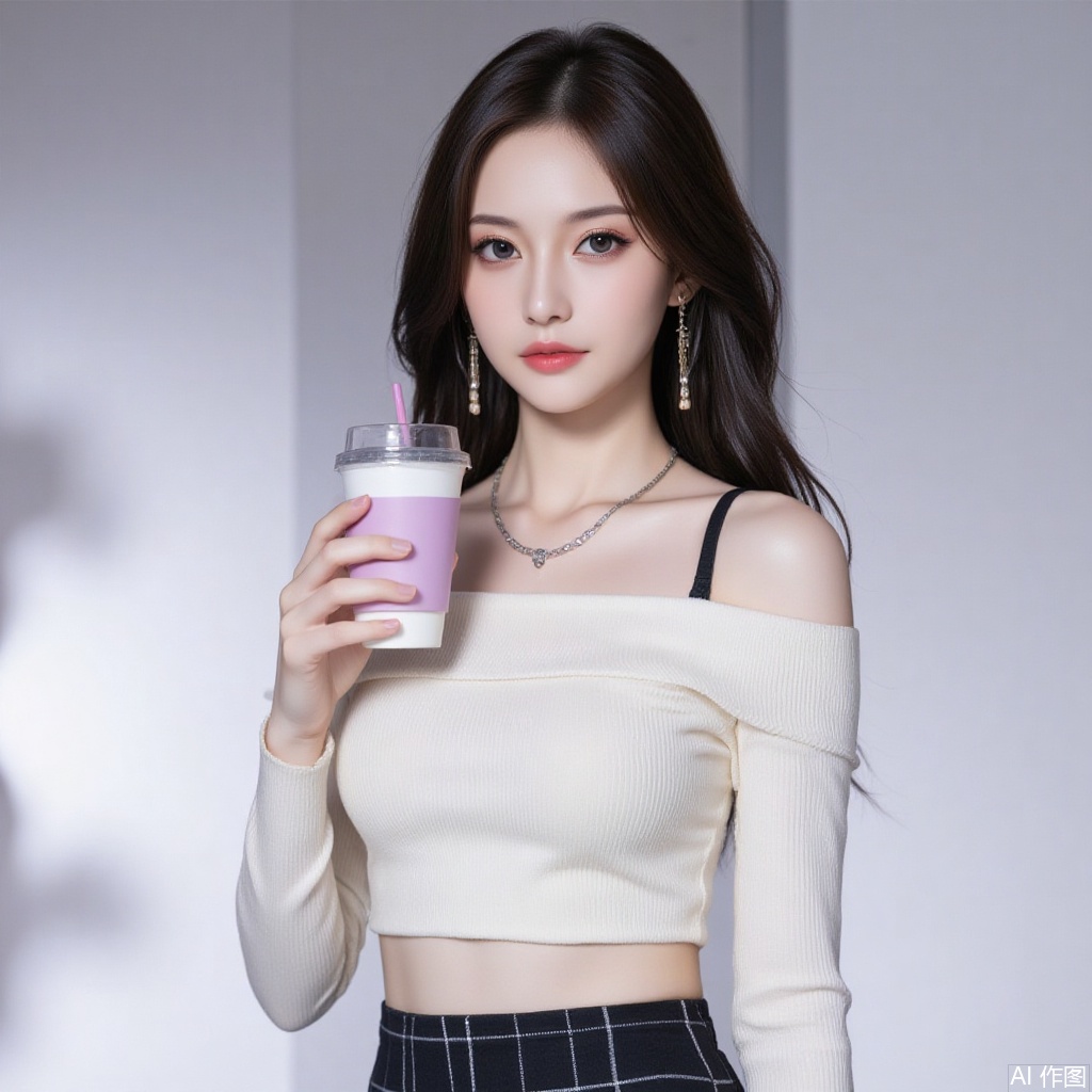 baoshi,lvjing,xiaomei,pifu,black hair,long hair,grey eyes,fair_skin,earrings,jewelry,hunsha,
1girl,solo,skirt,off shoulder,off-shoulder sweater,jewelry,white sweater,necklace,cup,bare shoulders,holding,sweater,disposable cup,breasts,black skirt,plaid skirt,collarbone,plaid,blurry background,crop top,holding cup,blurry,midriff,long sleeves,large breasts,63, cover,simple background,gradient background,close-up details,outstanding style,adding a touch of dimension to your images without compromising details,close-up
