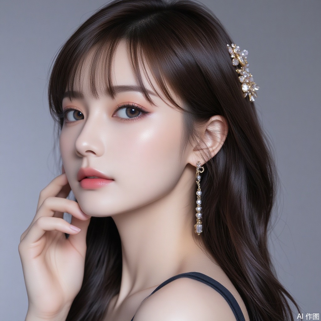 baoshi,lvjing,xiaomei,pifu,black hair,long hair,grey eyes,fair_skin,earrings,jewelry,hunsha,
1girl,solo,pantyhose,brown hair,dress,hair ornament,makeup,brown eyes,long hair,1,cover,gradient background,close-up details,outstanding style,adding a touch of dimension to your images without compromising details,close-up