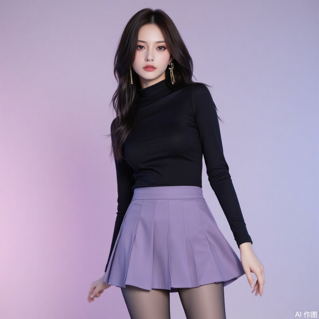 baoshi,lvjing,xiaomei,pifu,black hair,long hair,grey eyes,fair_skin,earrings,jewelry,hunsha,
1girl,breasts,skirt,solo,pantyhose,large breasts,purple skirt,covered navel,long sleeves,taut clothes,miniskirt,pleated skirt,turtleneck,black shirt,shirt,black pantyhose,taut shirt,64, cover,simple background,gradient background,close-up details,outstanding style,adding a touch of dimension to your images without compromising details,close-up