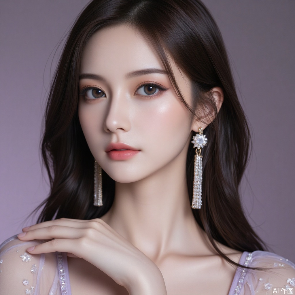 baoshi,lvjing,xiaomei,pifu,black hair,long hair,grey eyes,fair_skin,earrings,jewelry,hunsha,
1girl,solo,pantyhose,brown hair,dress,hair ornament,makeup,brown eyes,long hair,1,cover,gradient background,close-up details,outstanding style,adding a touch of dimension to your images without compromising details,close-up