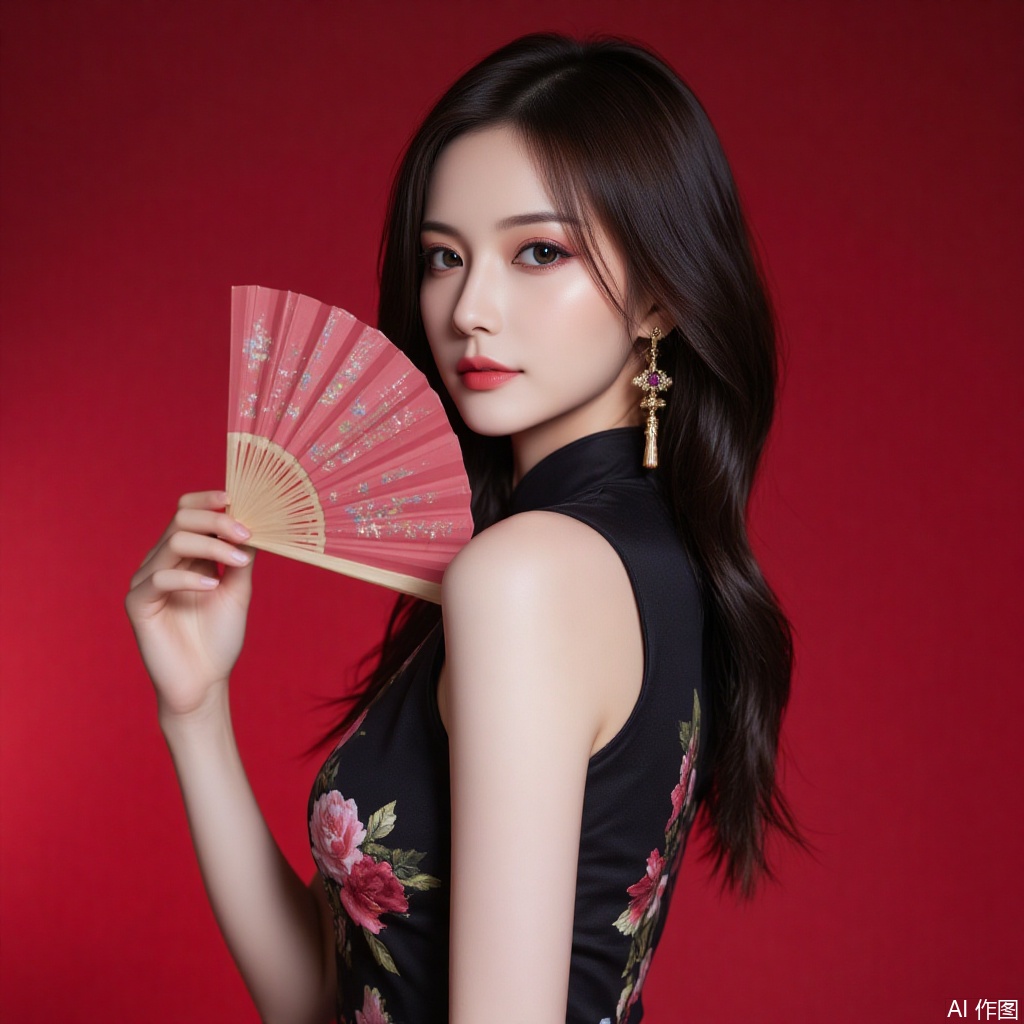 baoshi,lvjing,xiaomei,pifu,black hair,long hair,grey eyes,fair_skin,earrings,jewelry,hunsha,
dress, wedding dress, 1girl,dress,hand fan,holding,solo,earrings,jewelry,chinese clothes,china dress,black dress,holding fan,floral print,blurry,sleeveless,looking at viewer,sleeveless dress,red background,folding fan,standing,head tilt,2,cover,simple background,gradient background,close-up details,outstanding style,adding a touch of dimension to your images without compromising details,close-up