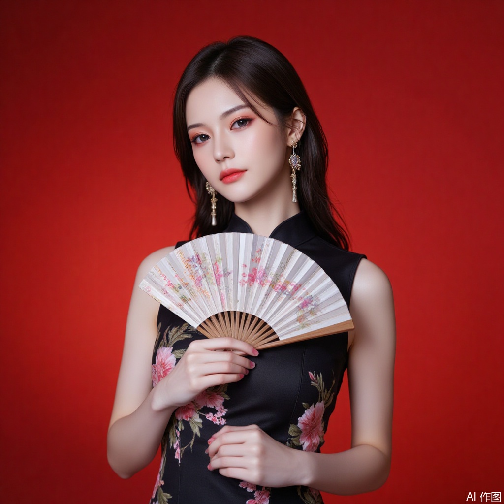 baoshi,lvjing,xiaomei,pifu,black hair,long hair,grey eyes,fair_skin,earrings,jewelry,hunsha,
dress, wedding dress, 1girl,dress,hand fan,holding,solo,earrings,jewelry,chinese clothes,china dress,black dress,holding fan,floral print,blurry,sleeveless,looking at viewer,sleeveless dress,red background,folding fan,standing,head tilt,2,cover,simple background,gradient background,close-up details,outstanding style,adding a touch of dimension to your images without compromising details,close-up
