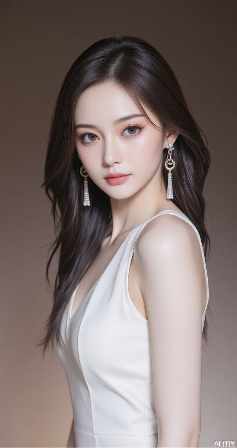 baoshi,lvjing,xiaomei,pifu,black hair,long hair,grey eyes,fair_skin,earrings,jewelry,hunsha,
dress, wedding dress, 1girl, white dress, solo, indoors, long dress,1, cover,simple background,gradient background,close-up details,outstanding style,adding a touch of dimension to your images without compromising details,close-up