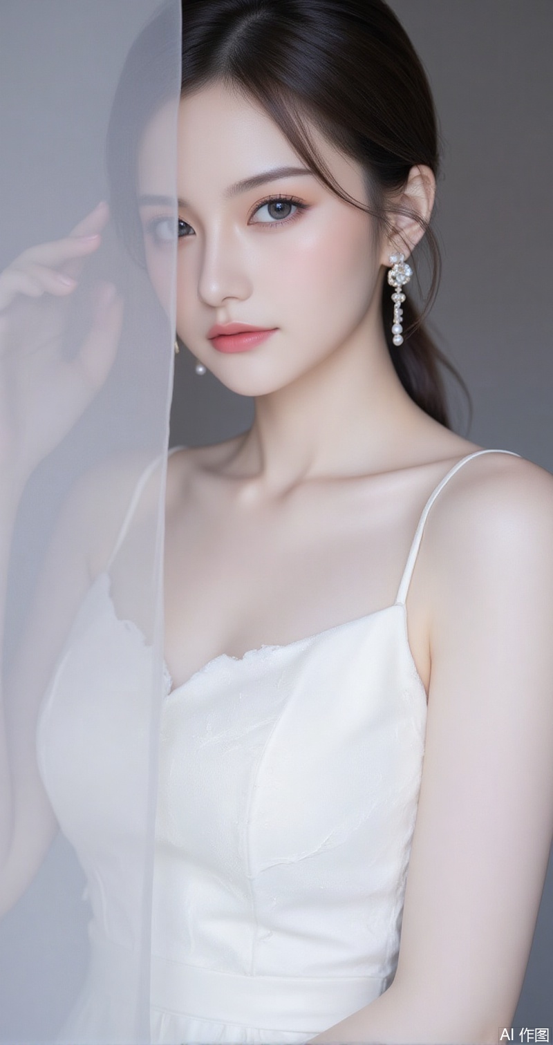 baoshi,lvjing,xiaomei,pifu,black hair,long hair,grey eyes,fair_skin,earrings,jewelry,hunsha,
dress, wedding dress, 1girl, white dress, solo, indoors, long dress,1, cover,simple background,gradient background,close-up details,outstanding style,adding a touch of dimension to your images without compromising details,close-up
