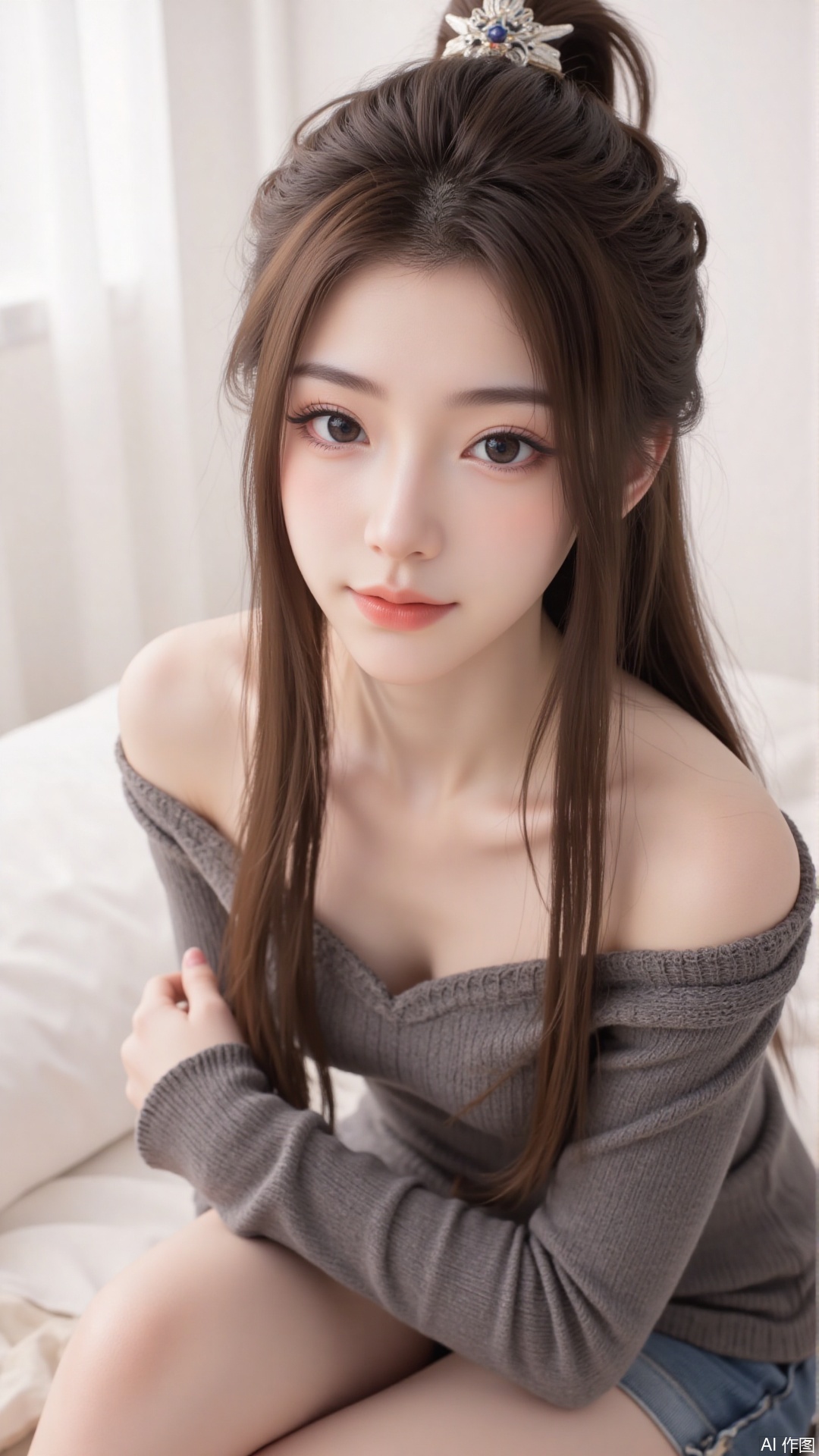 1girl, solo, long hair, looking at viewer, smile, sitting, collarbone, off shoulder, sweater, messy hair, realistic