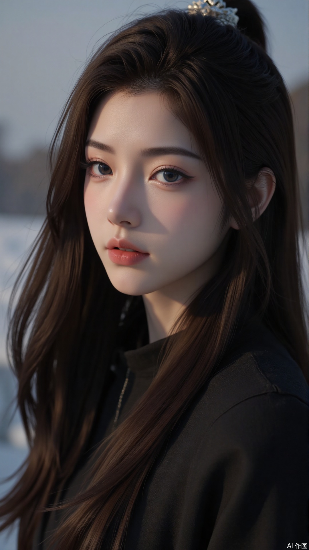  a asian woman, sexy long hair, blue eyes, charming and seductive temperament, distant close-up, golden ratio, movie texture, minimalism, high-end feeling, strong contrast between cold and warm, outdoor scenes, 