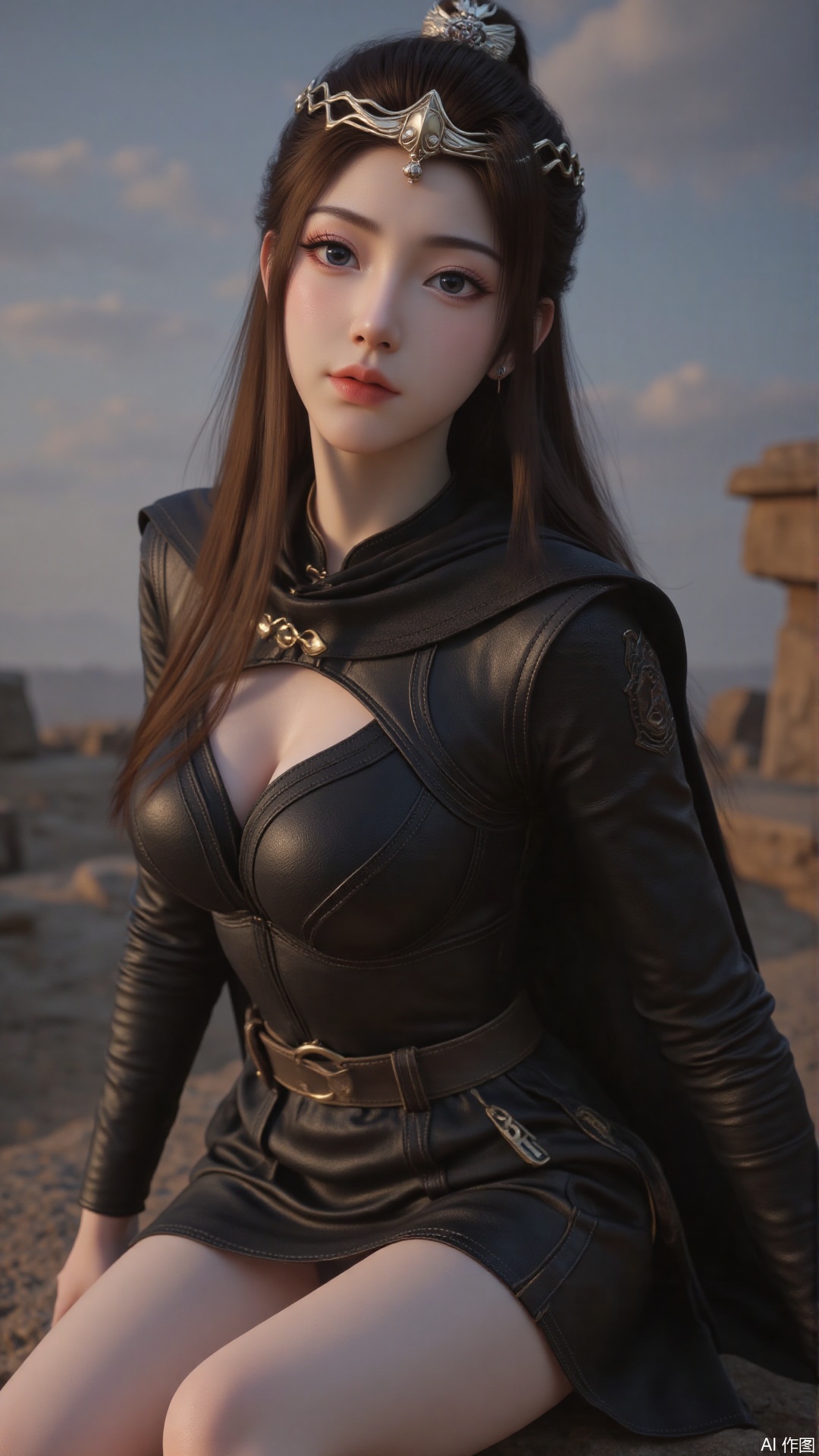 1girl, solo, long hair, medium breasts, looking at viewer, mischevious smile, perfect body, scenery, sharp focus, best quality, masterpiece, detailed outfit, illustration, perfect eyes, finely detailed beautiful anime eyes, realistic skin, intricate details, best lighting, depth of field, ultra high resolution,sitting