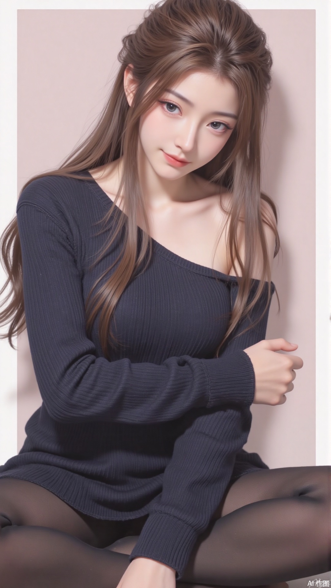 1girl, solo, long hair, looking at viewer, smile, sitting, collarbone, off shoulder, sweater, messy hair, realistic