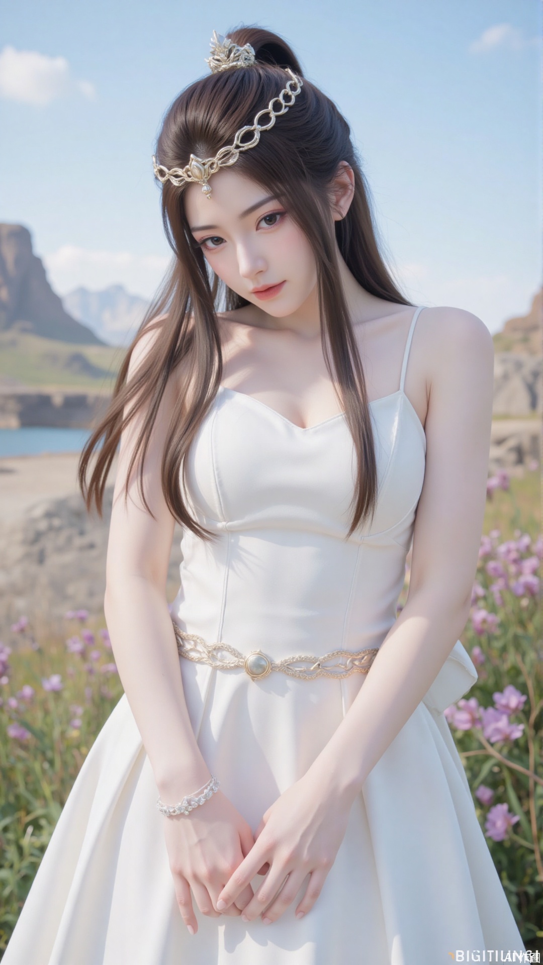 1girl, white wedding dress,looking at viewer, mischevious smile, perfect body, scenery, sharp focus, best quality, masterpiece, detailed outfit, illustration, perfect eyes, finely detailed beautiful anime eyes, realistic skin, intricate details, best lighting, depth of field, ultra high resolution, cowboy_shot, bride