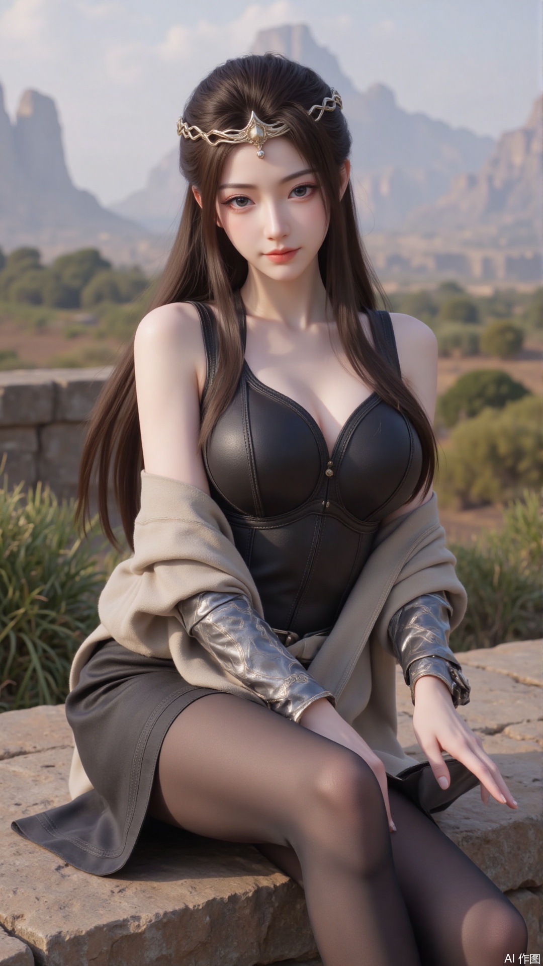 1girl, solo, long hair, medium breasts, looking at viewer, mischevious smile, perfect body, scenery, sharp focus, best quality, masterpiece, detailed outfit, illustration, perfect eyes, finely detailed beautiful anime eyes, realistic skin, intricate details, best lighting, depth of field, ultra high resolution,sitting