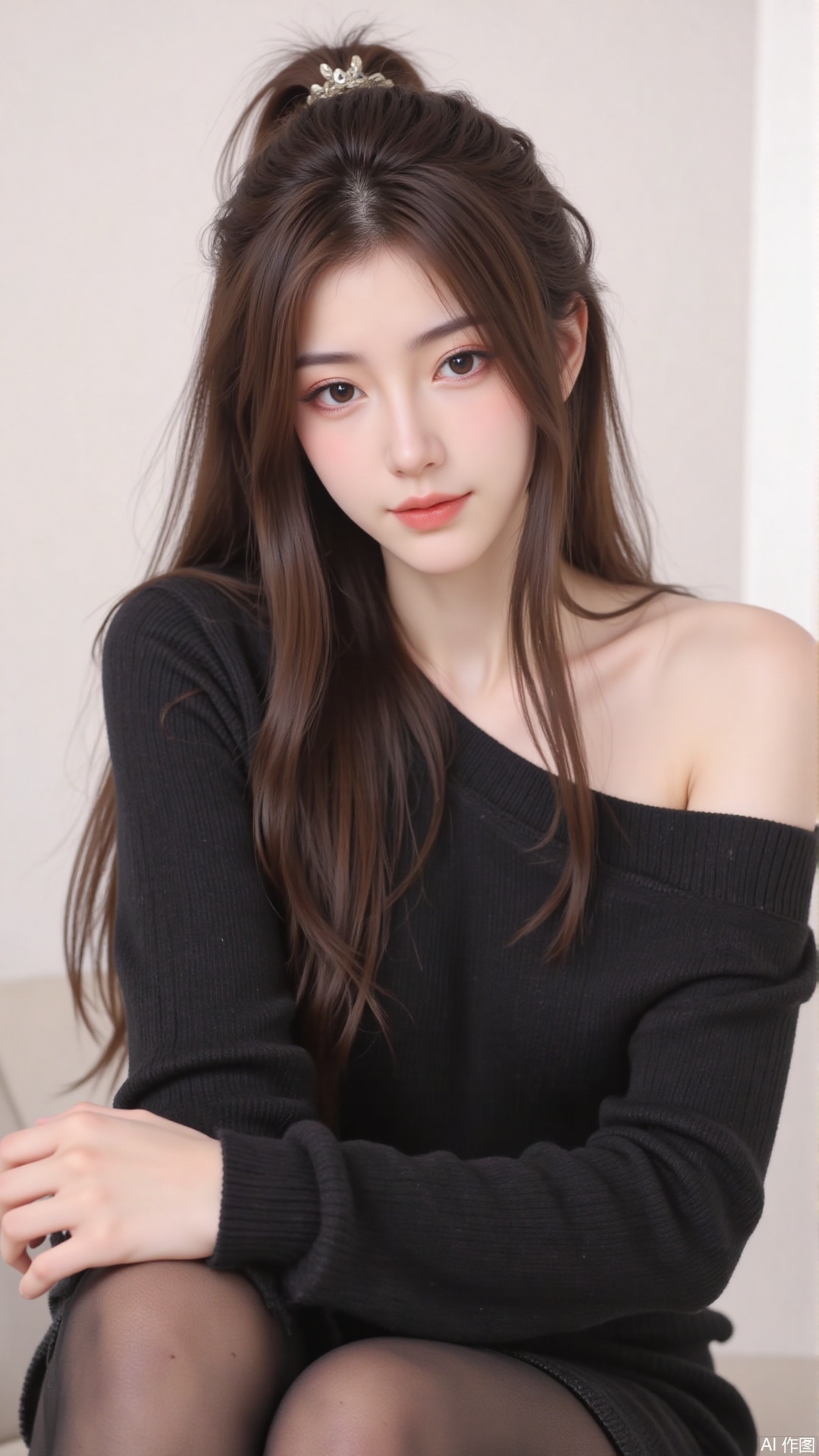 1girl, solo, long hair, looking at viewer, smile, sitting, collarbone, off shoulder, sweater, messy hair, realistic