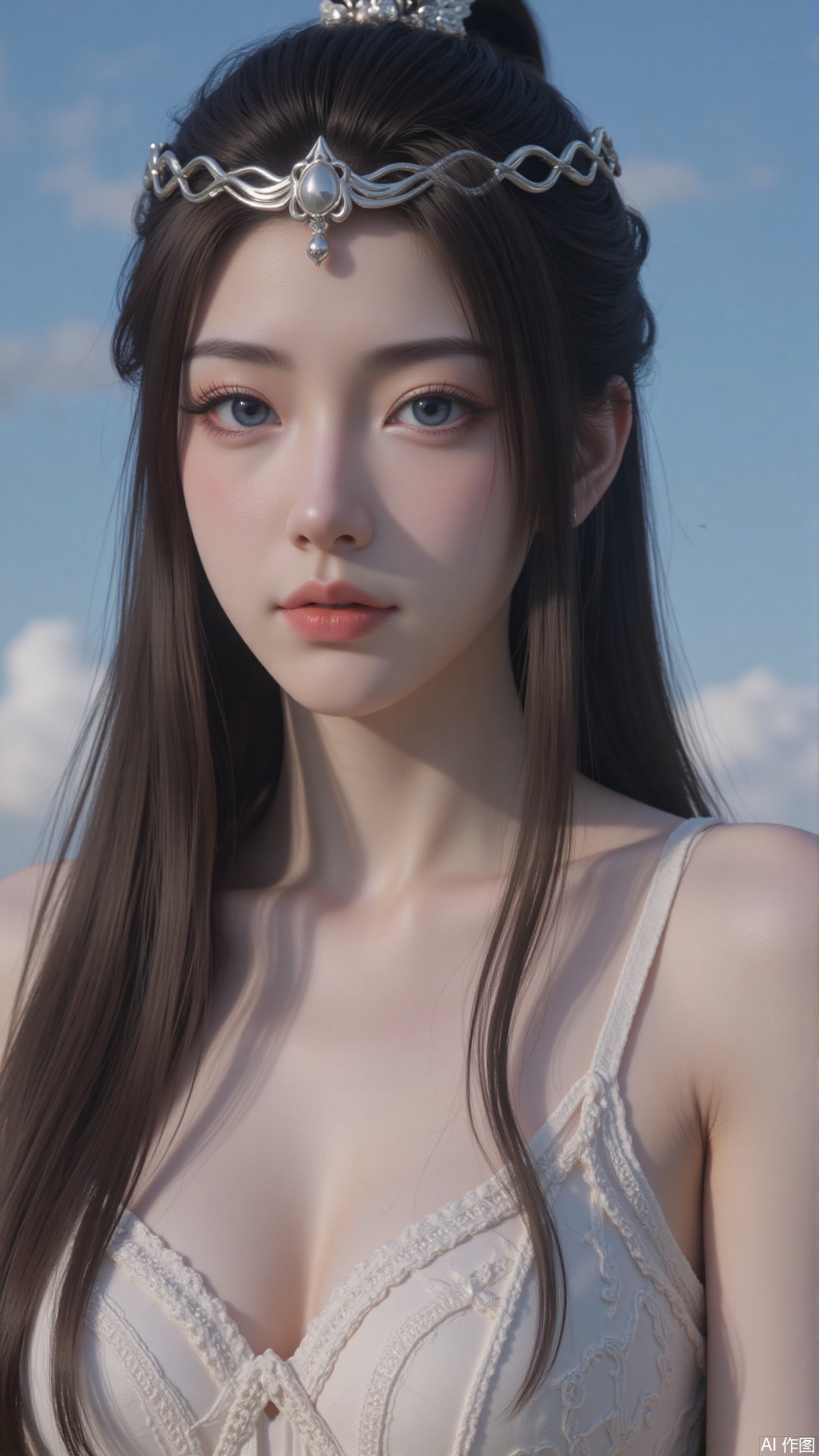 Very detailed face, extremely detailed eyes and face, blue eyes, (vacuum), 8K wallpaper, light leak, beautiful and detailed girl, extremely detailed CGUnity8K wallpaper, an extremely detailed and beautiful, beautiful and detailed eyes, masterpiece, best quality, Real photo level, (frontal shooting panoramic perspective), ( (Full body photo)), dynamic angle, dynamic pose, solo, ancient style silver hairpin with petals, blue sky and white clouds, (C cup), (huge round breasts), slender legs, super good figure, stunning beauty, (whole body in the mirror) , (wearing Lolita nightgown), (light reflects the shadow of the body through the clothes),vacuum,bare and smooth